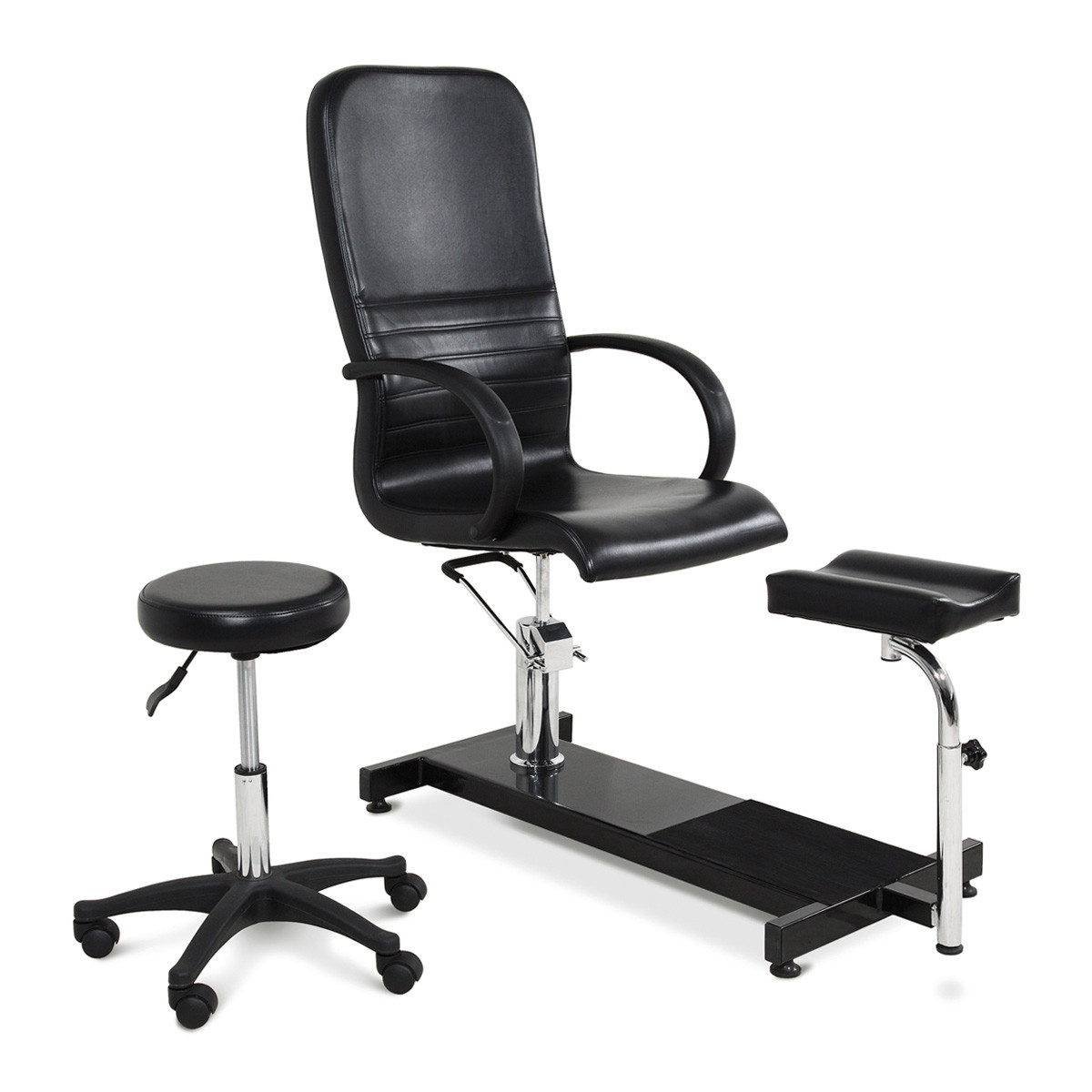 Black mechanical chair with footrest and Podo Station stool