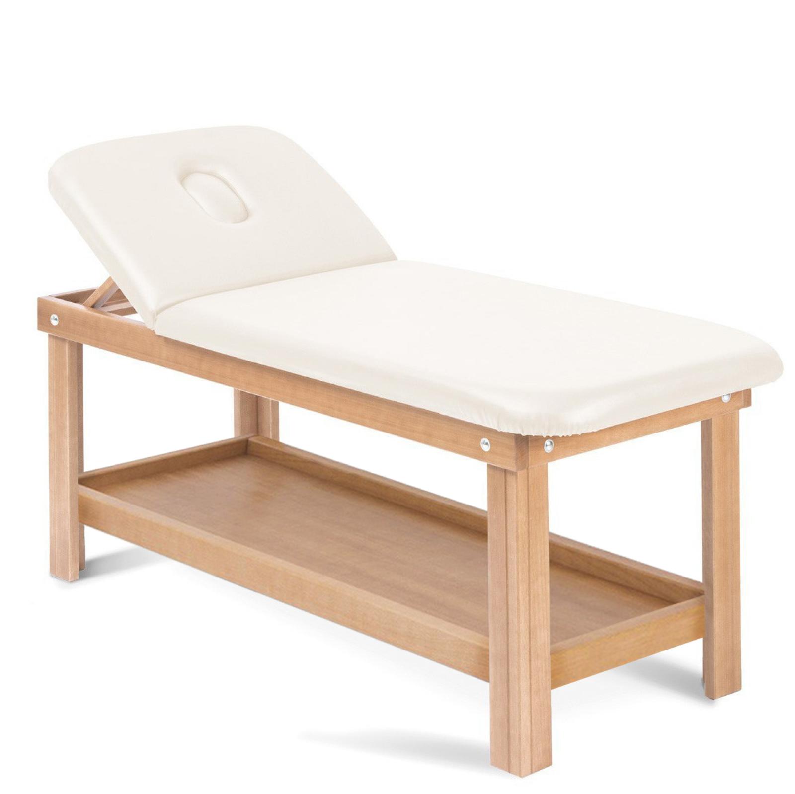 Cama para tratamientos estéticos de madera con 1 articulación, orificio para la cara y superficie de apoyo.