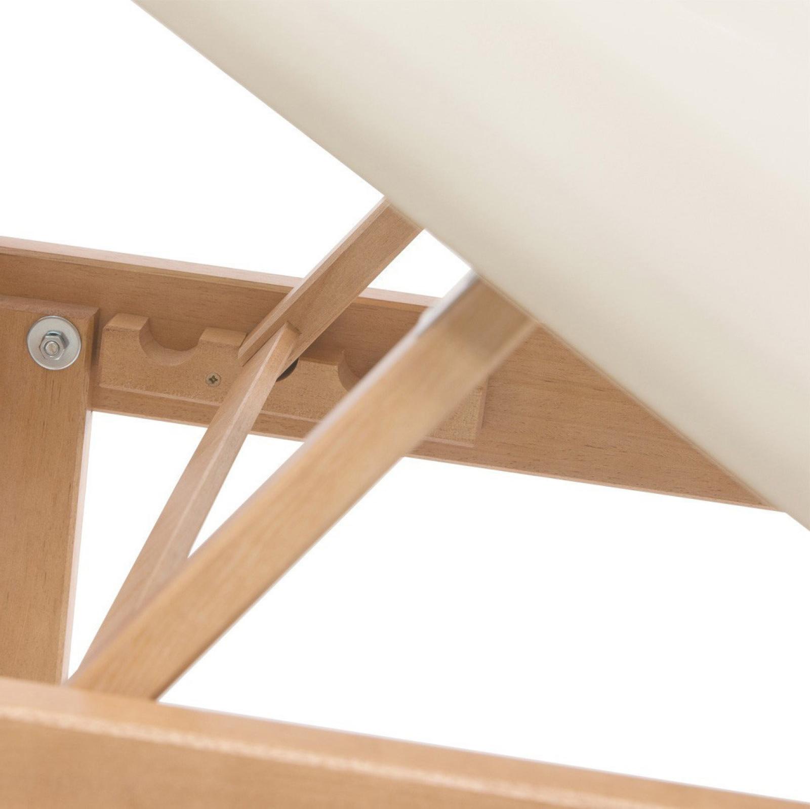 Cama para tratamientos estéticos de madera con 1 articulación, orificio para la cara y superficie de apoyo.