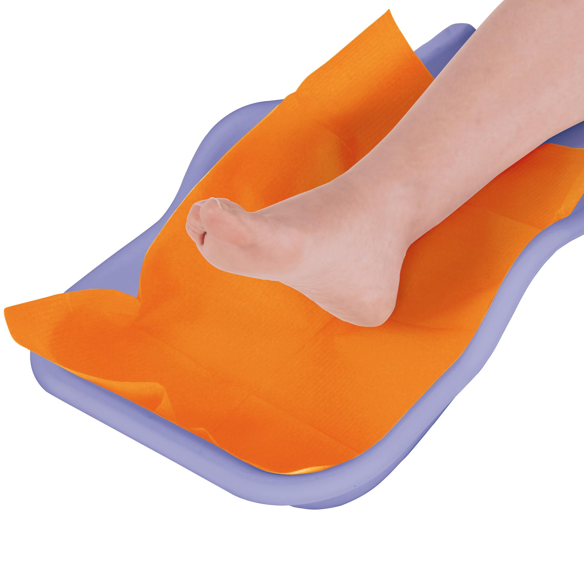 Sustentador flexible violeta para recoger los residuos de trabajo en el pie.