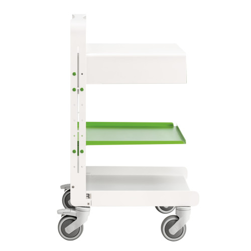 Green steel trolley with 3 adjustable shelves and storage drawer