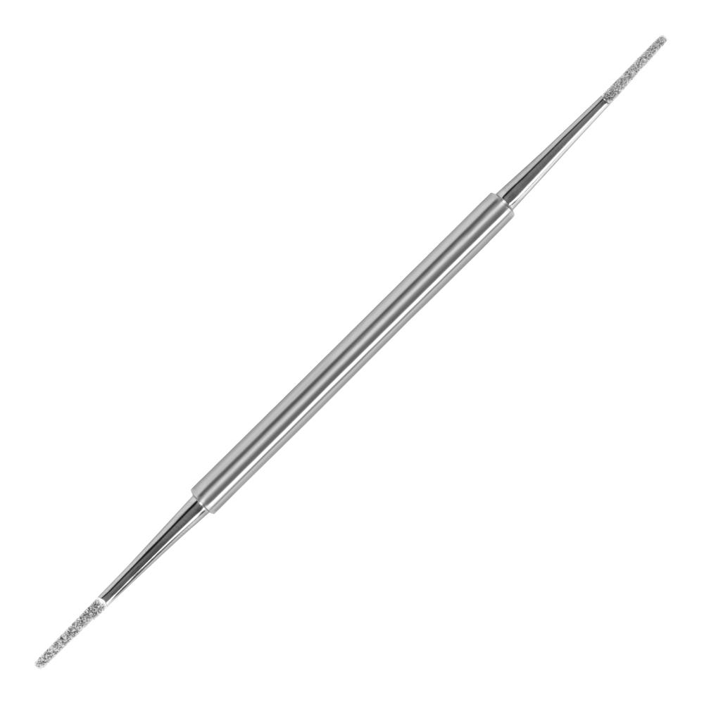 Raspador profesional de acero inoxidable con doble punta y microlima de grano diamantado.