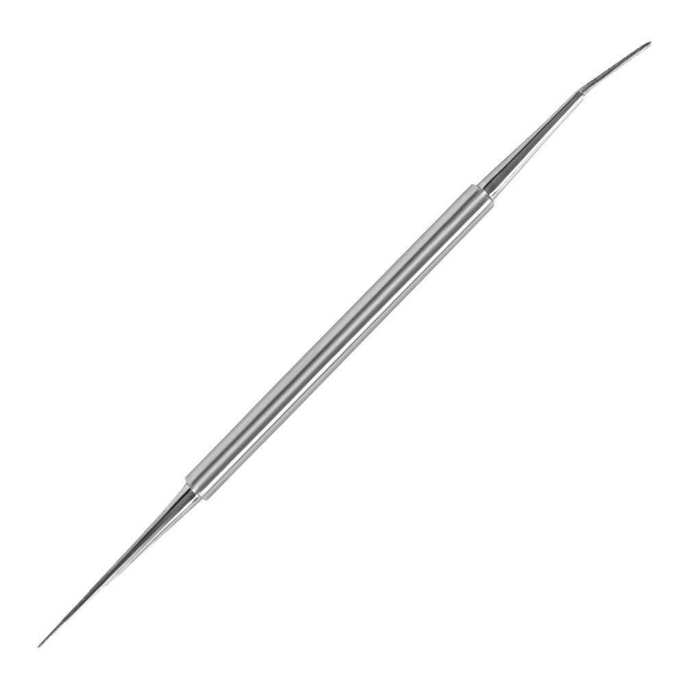 Raspador profesional de acero inoxidable con doble punta y microlima de grano diamantado.
