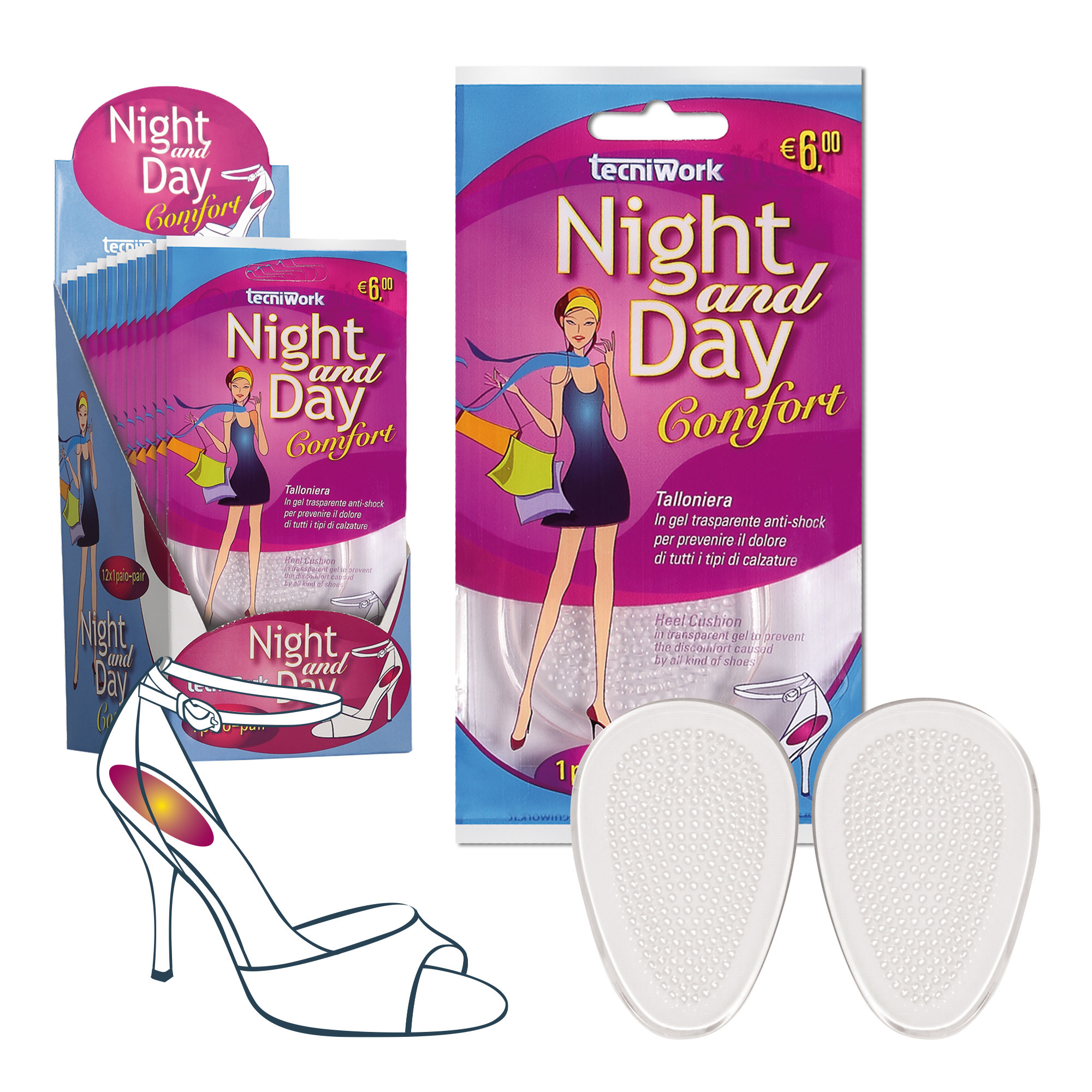Invisible gel heel Night and Day Transparent gel heel pad Display of 12 packs