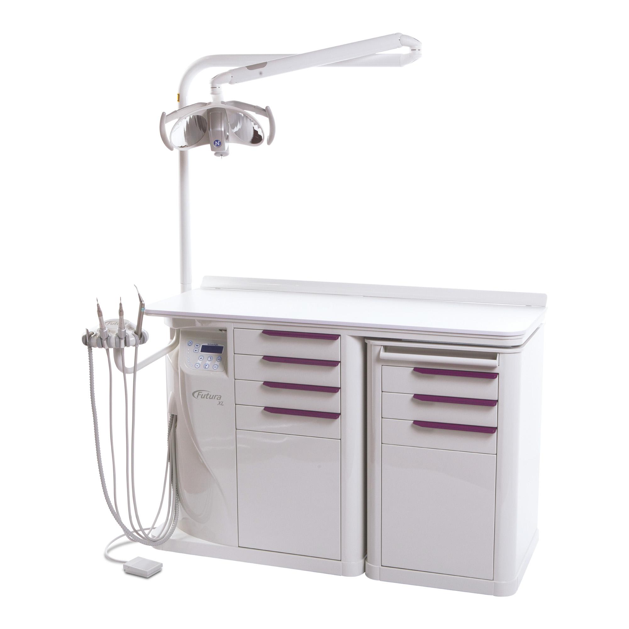 Unidad podológica Futura Plus XL personalizable con hasta 4 instrumentos de trabajo.