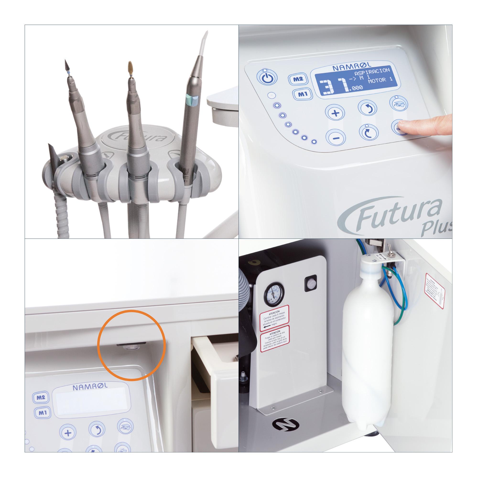 Unidad podológica Futura Plus XL personalizable con hasta 4 instrumentos de trabajo.