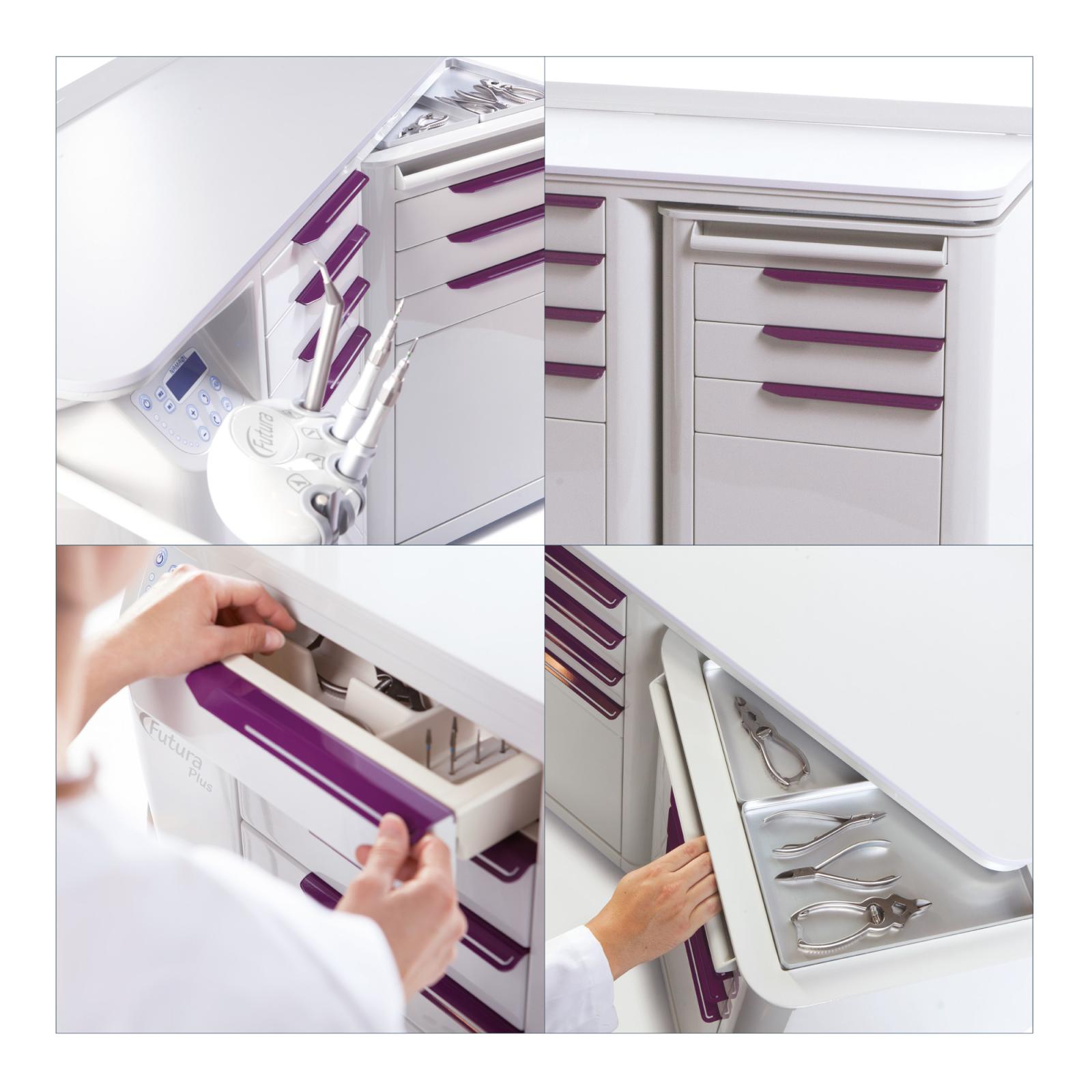 Unidad podológica Futura Plus XL personalizable con hasta 4 instrumentos de trabajo.