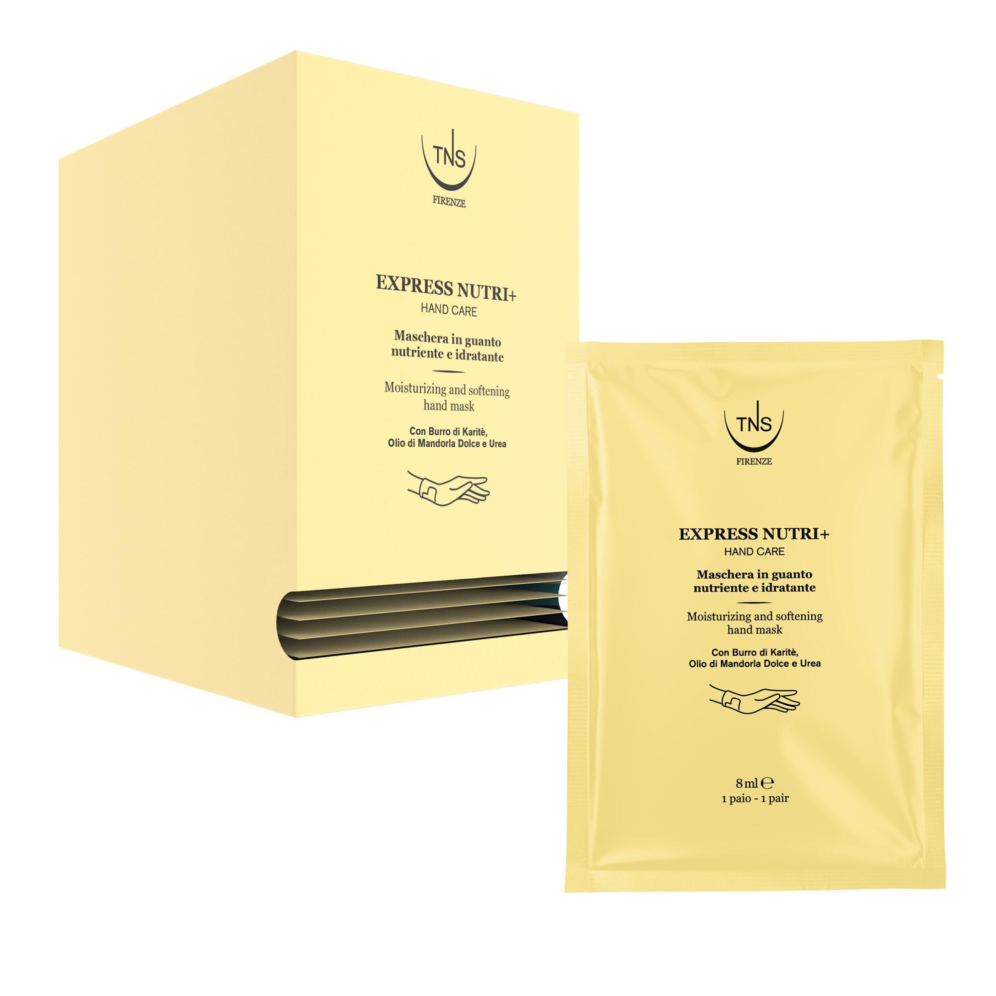 Maschera in guanto per mani Express Nutri+ nutriente e idratante TNS Espositore da 25 pz
