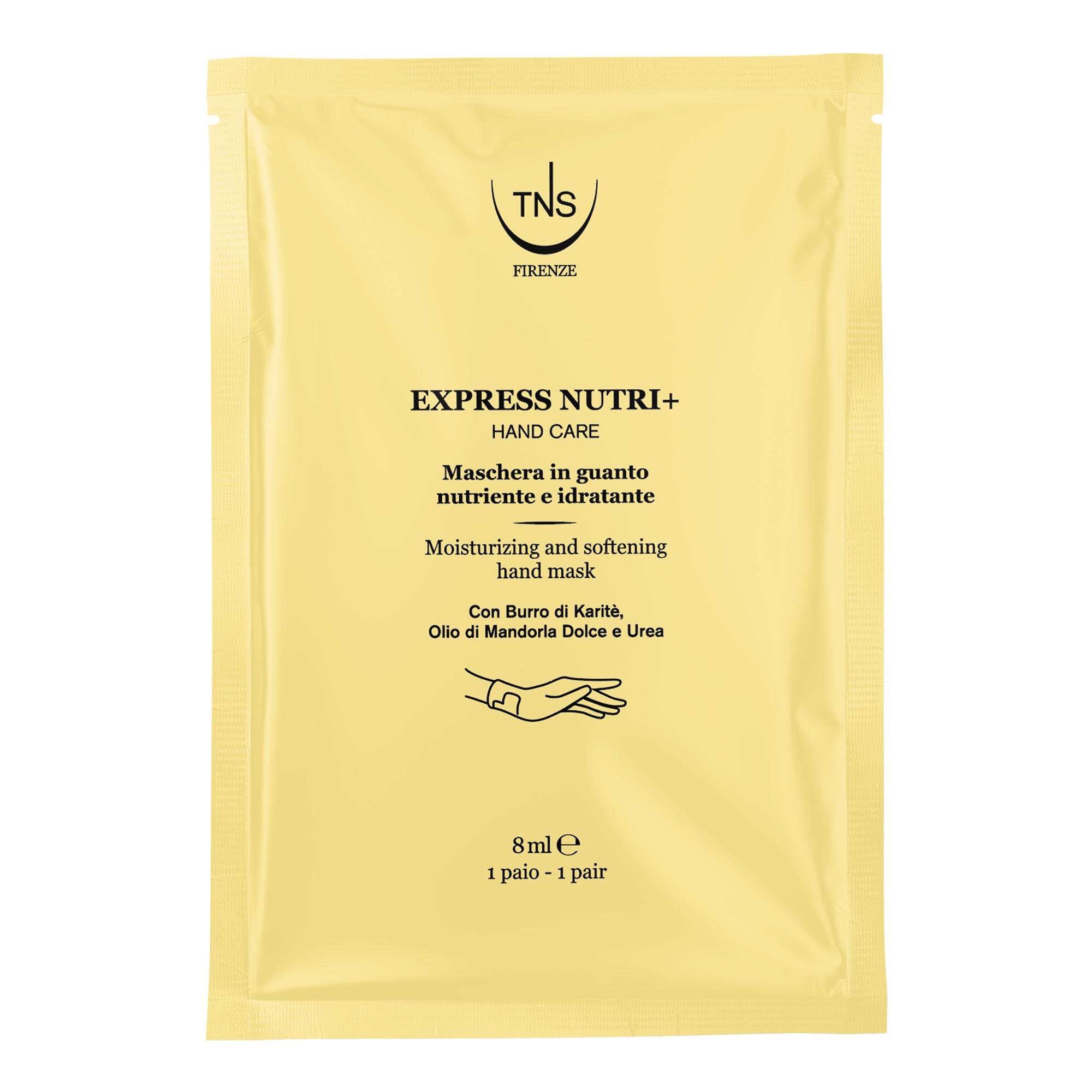 Maschera in guanto per mani Express Nutri+ nutriente e idratante TNS Espositore da 25 pz