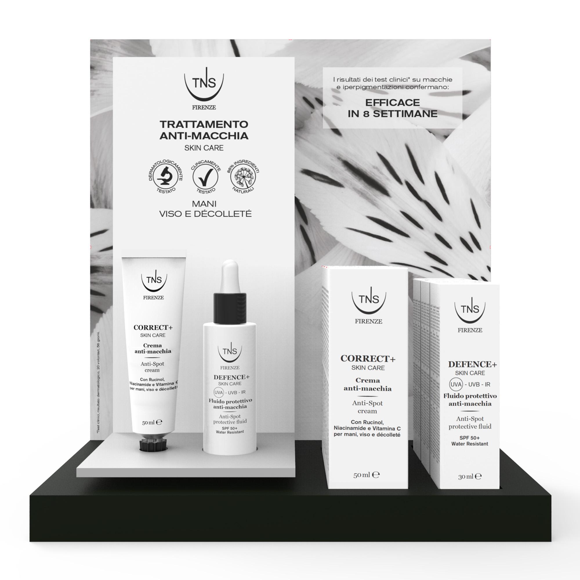 Expositor Crema anti-manchas Correct+ y Fluido solar Defence+ SPF50 manos, rostro y escote TNS