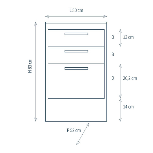 Modulo per mobile componibile professionale con 3 cassetti e zoccolino