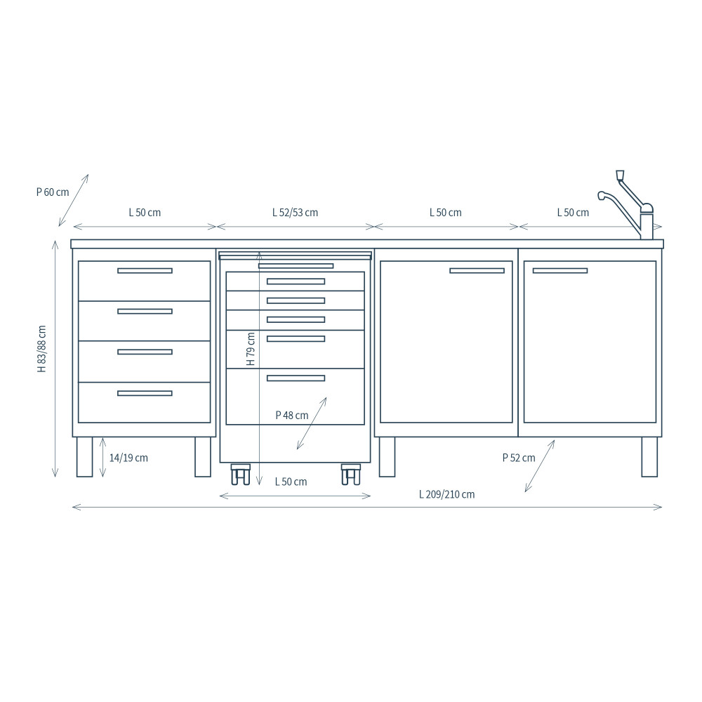Studio 3 with 4 modules, feet and integrated servomobile