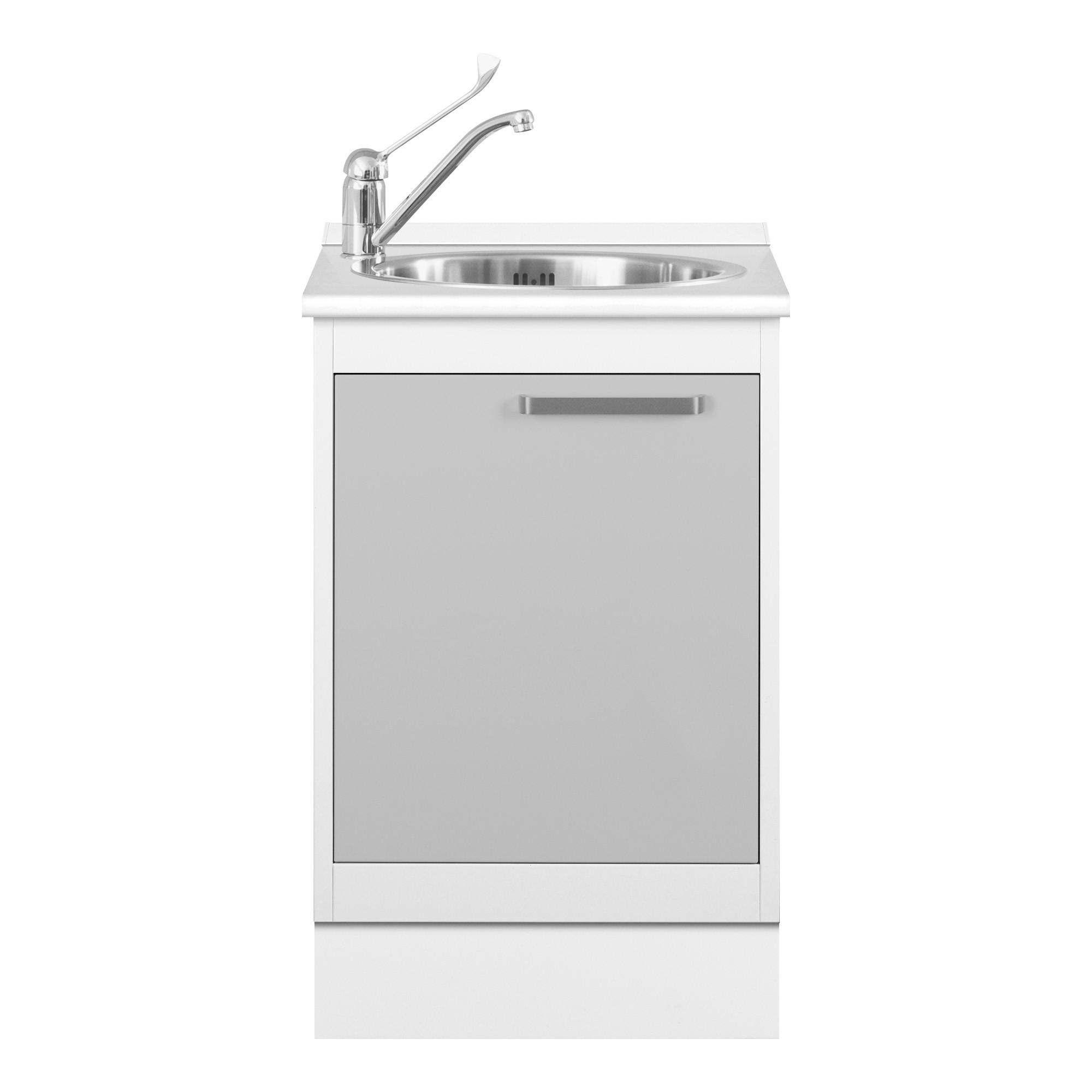 Module with stainless steel sink, mixer tap and skirting board