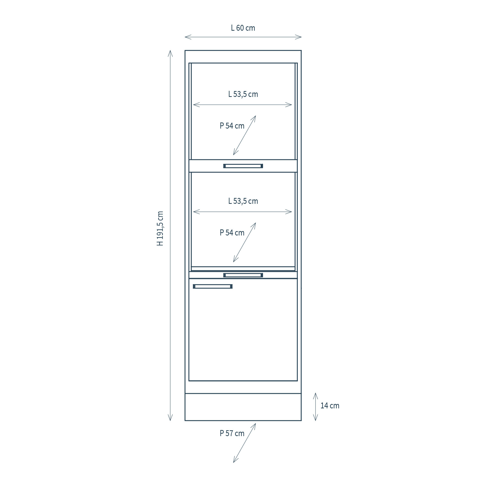 Modulo per mobile componibile professionale con colonna 3 vani, anta e zoccolino