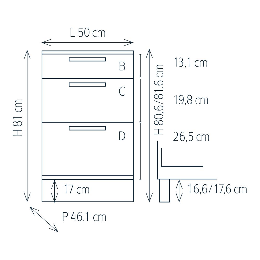 Modulo per mobile componibile con 3 cassetti e piedini