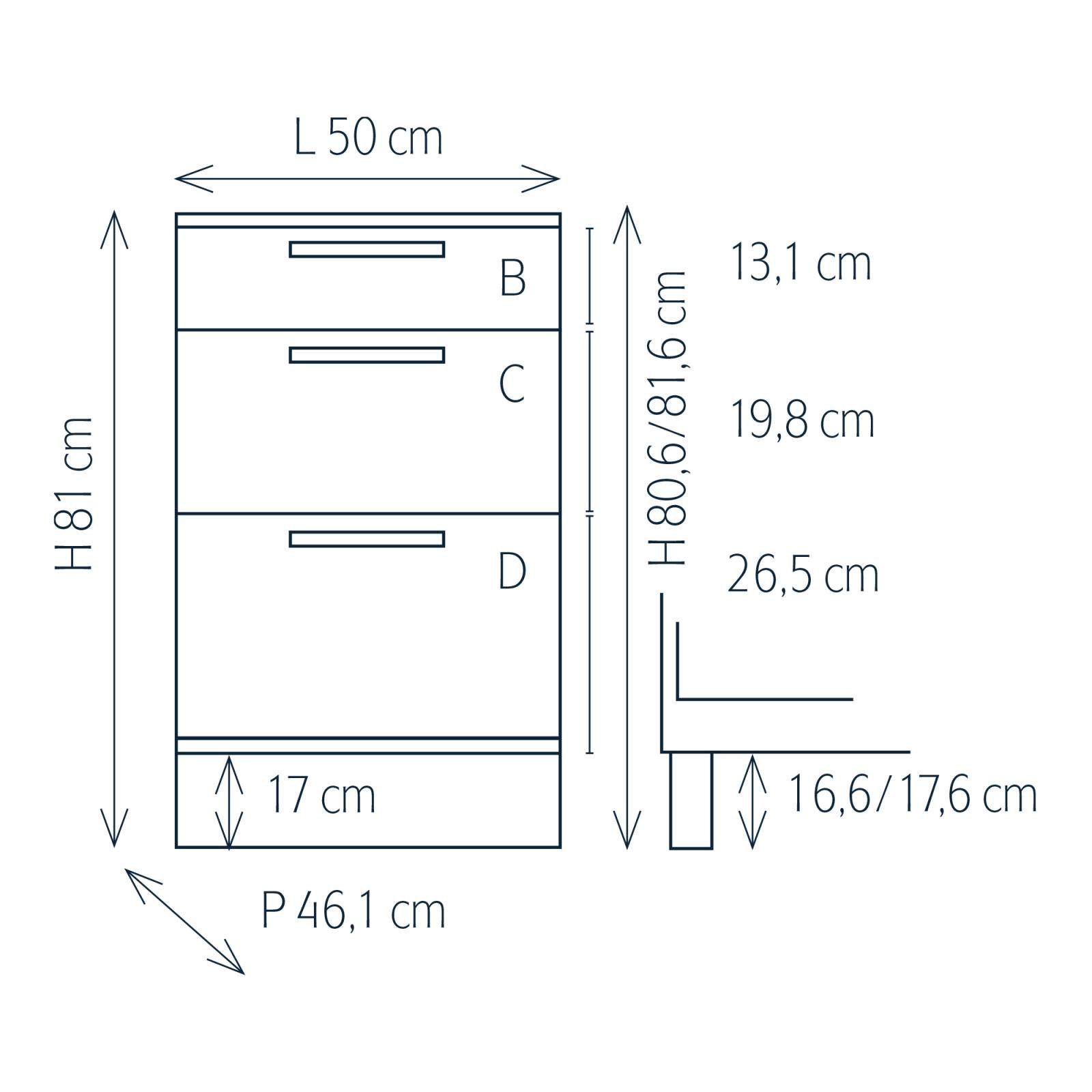 Modulo per mobile componibile con 3 cassetti e zoccolino
