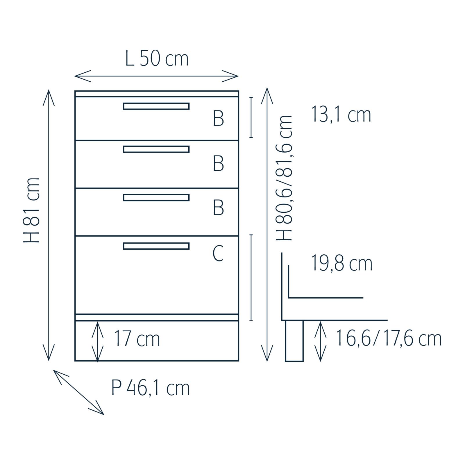 Modulo per mobile componibile con 4 cassetti e piedini