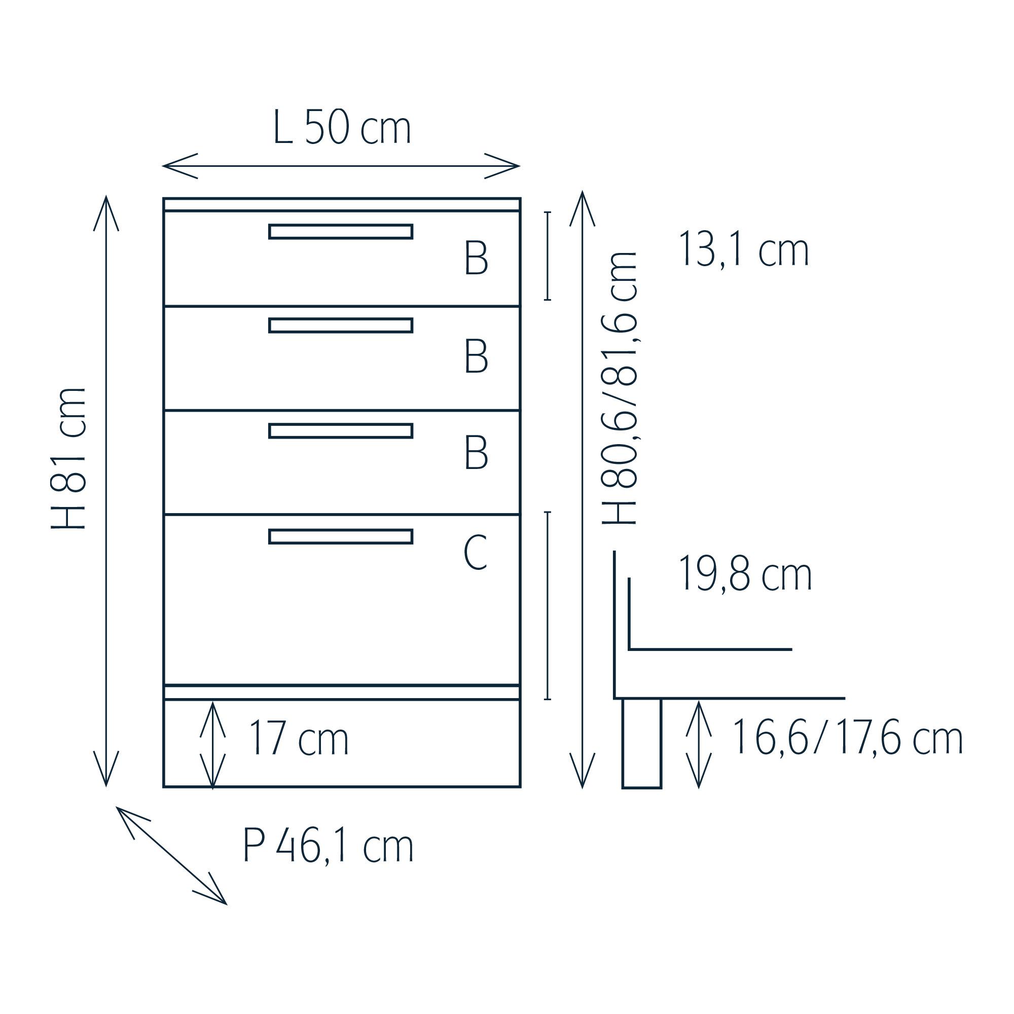 Modular unit with 4 drawers and feet