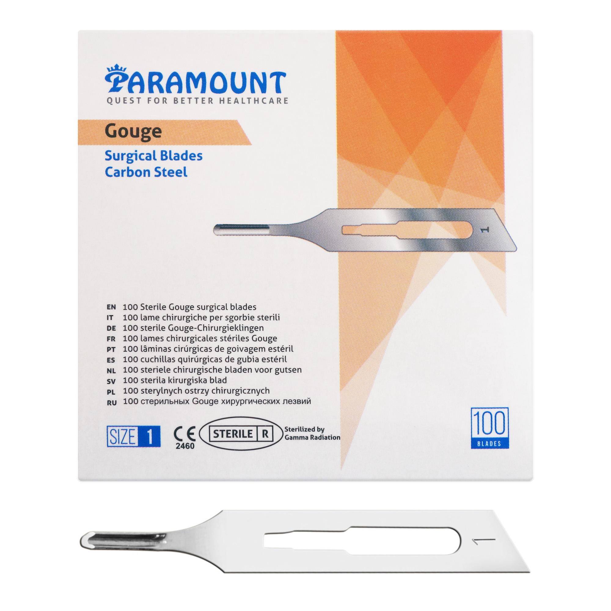 Cuchillas para tallar Paramount profesionales, individuales, estériles y desechables, en envase de 100 unidades.