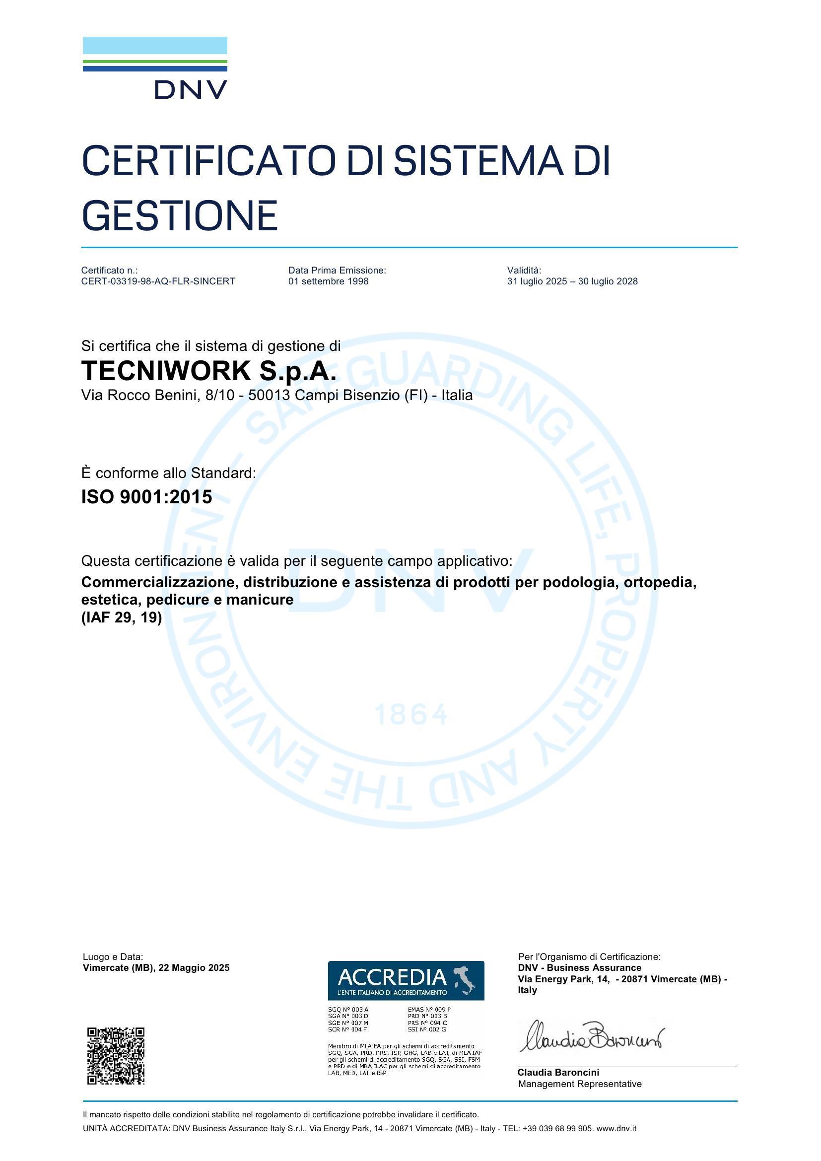 Certificado DNV ISO 9001:2015 Tecniwork S.p.A.