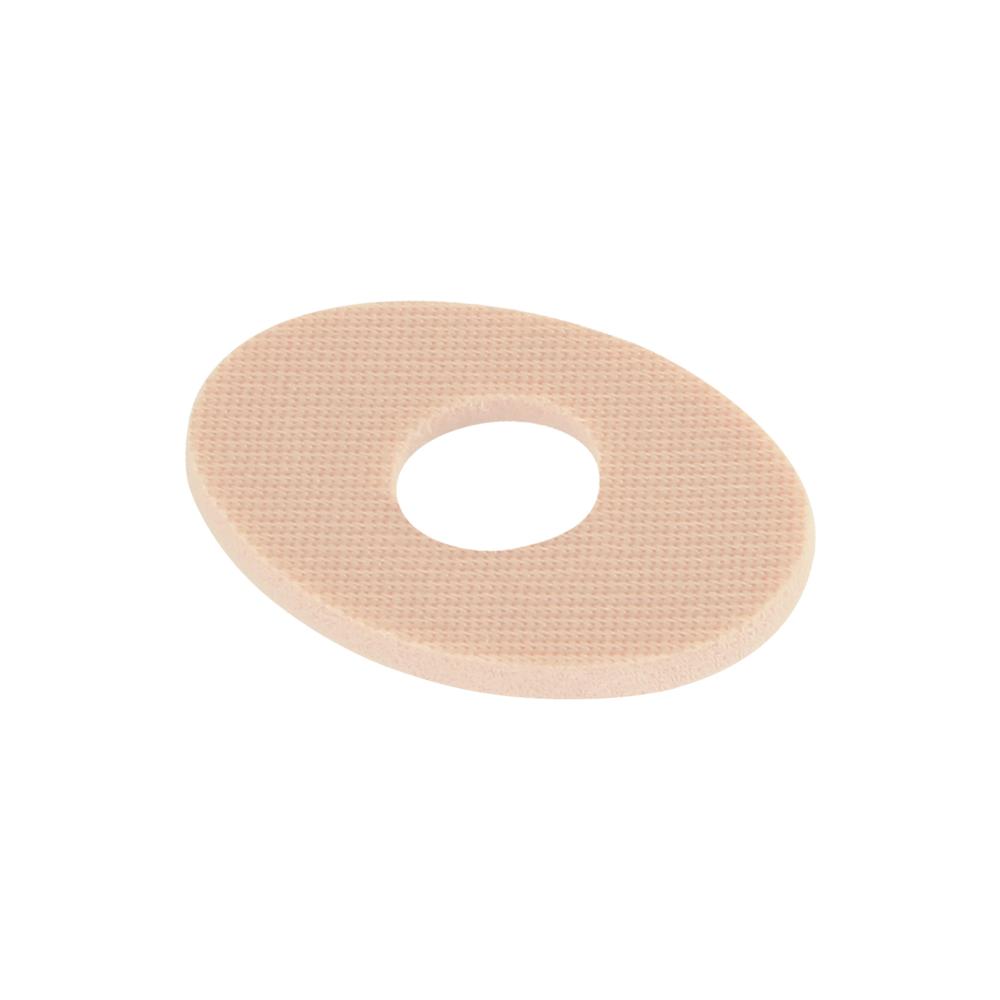Protectores ovales grandes para los pies con orificio central, fabricados en látex.