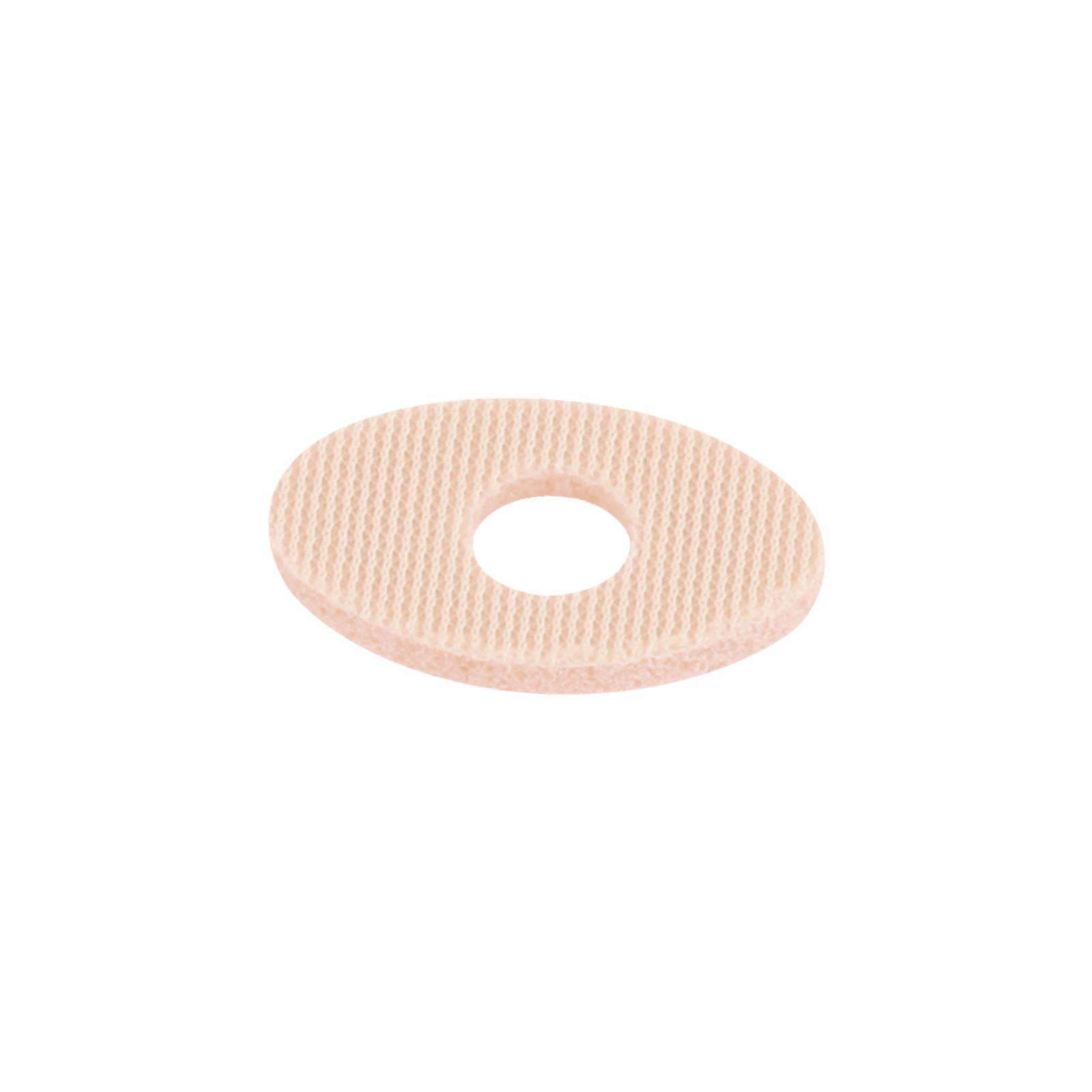 Protectores ovales pequeños para los pies con orificio central, fabricados en látex.