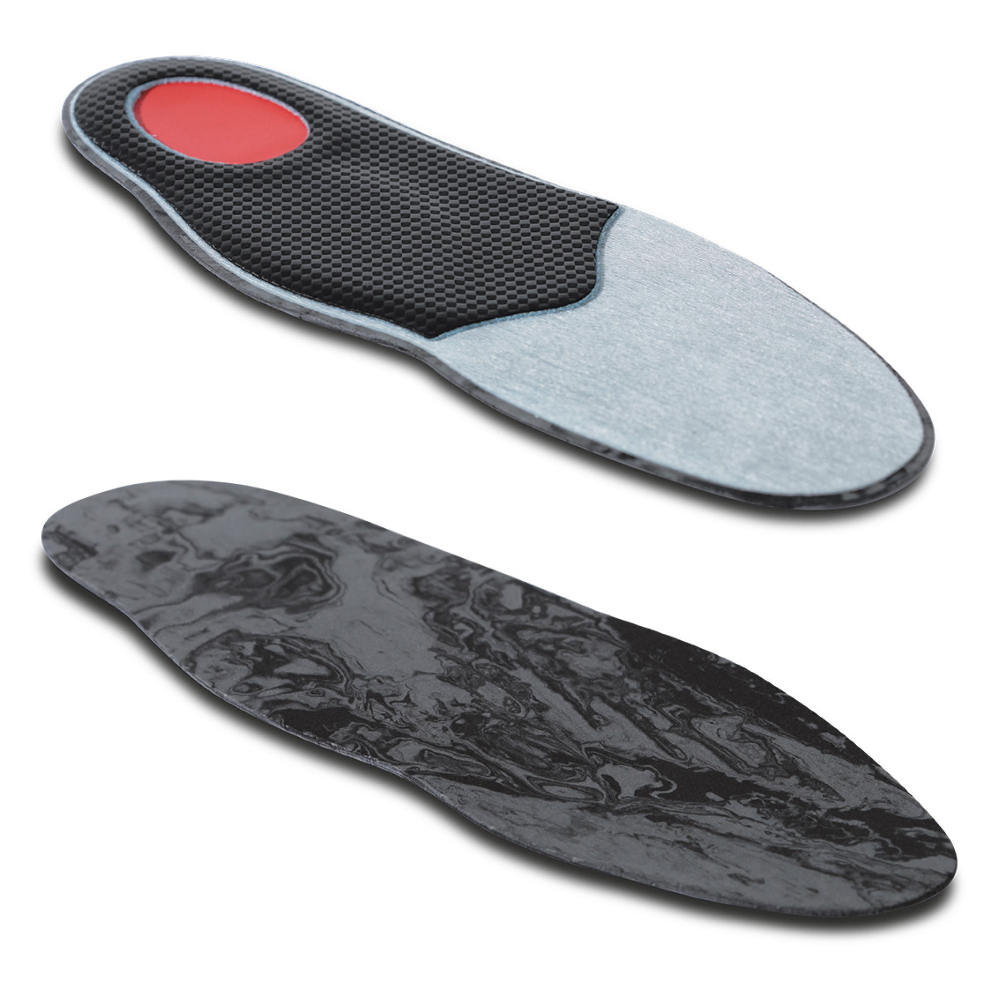 Semi-finished heel shock absorbing resin insoles to be thermoformed