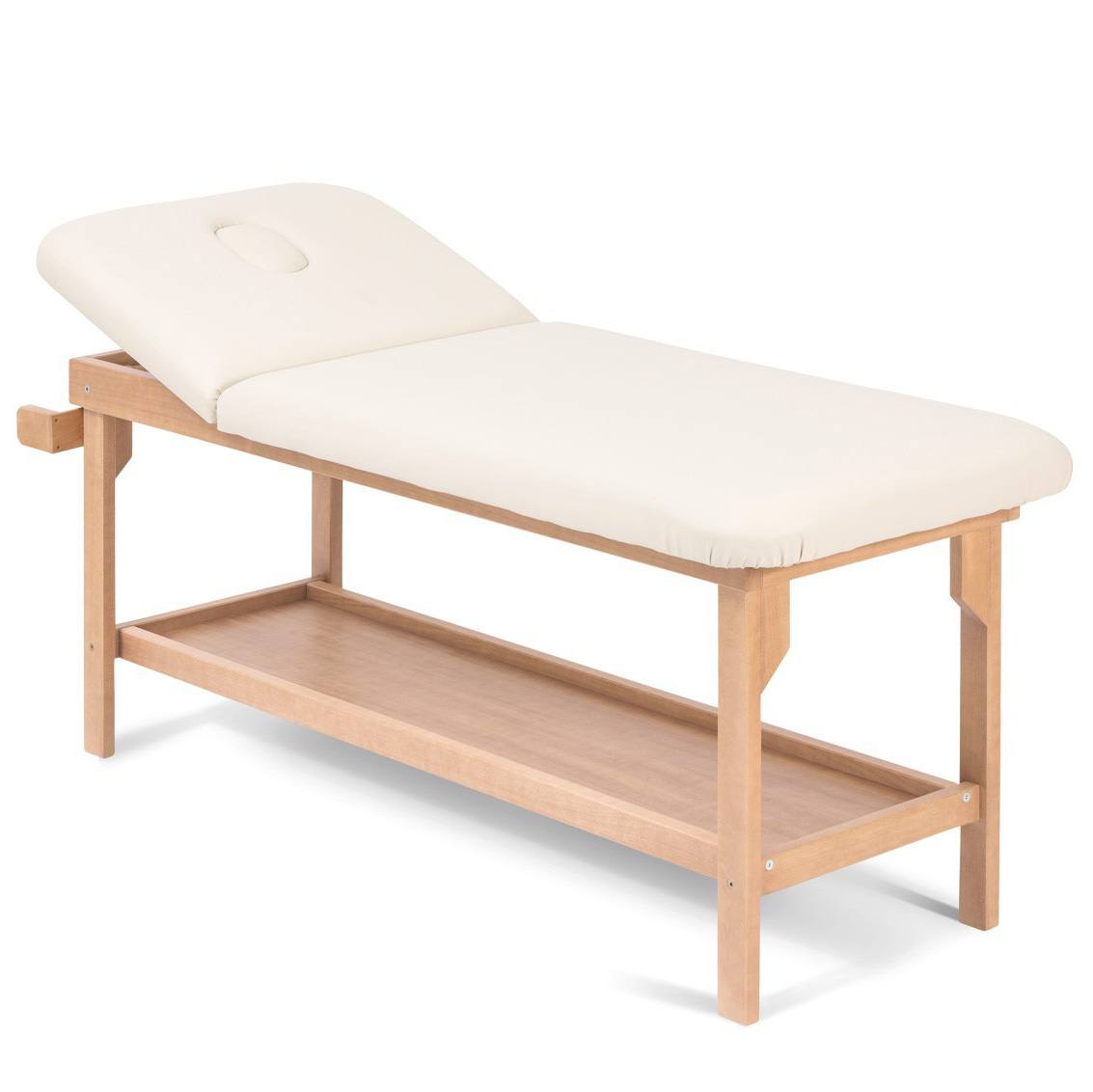 Table de soins de beauté en bois avec 1 articulation, un trou pour le visage, un plateau et un porte-rouleau.