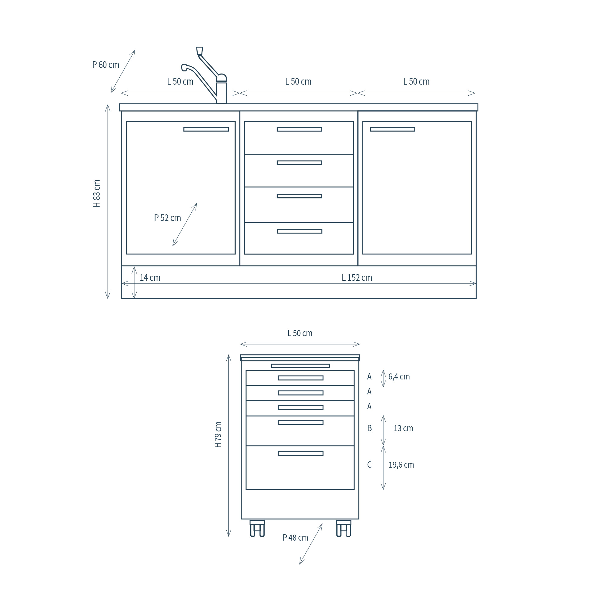 Studio 2 avec 3 modules, plinthe et servo-mobilier