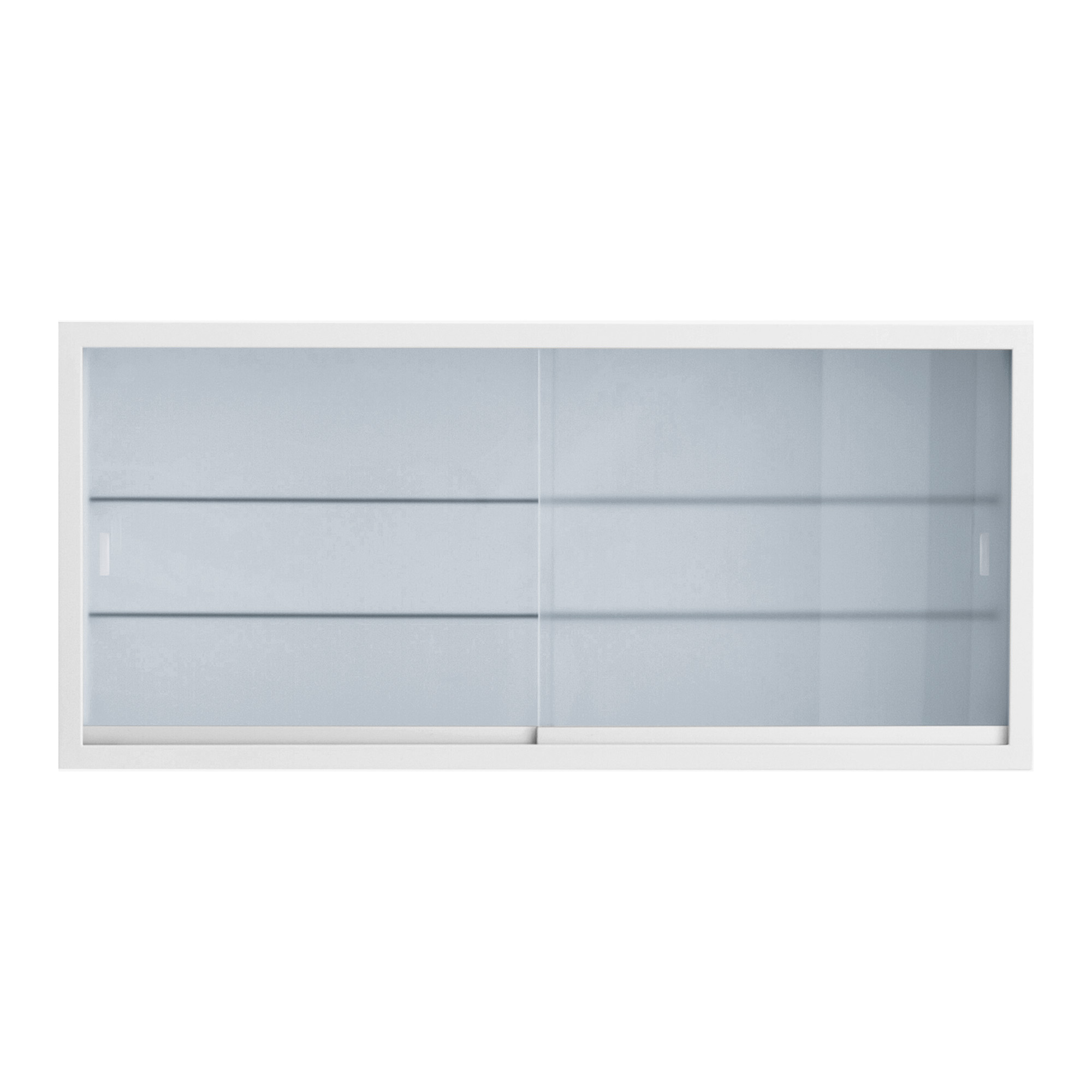 Hanging display case with 2 shelves and sliding opening with glass doors