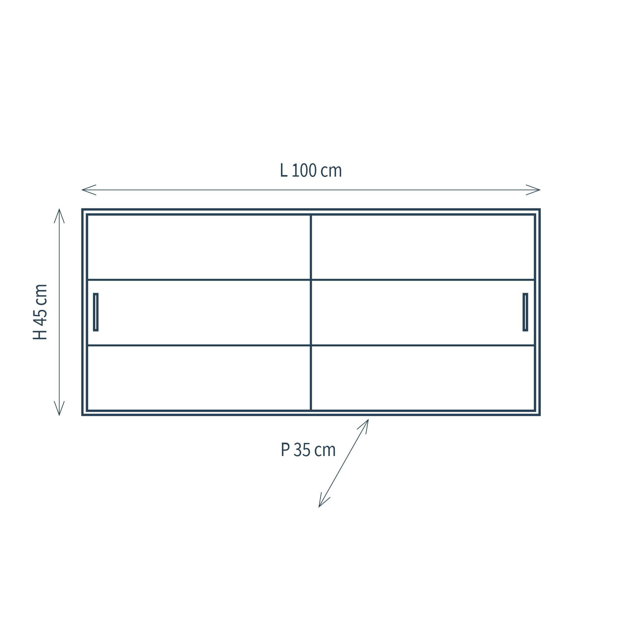 Hanging display case with 2 shelves and sliding opening with glass doors