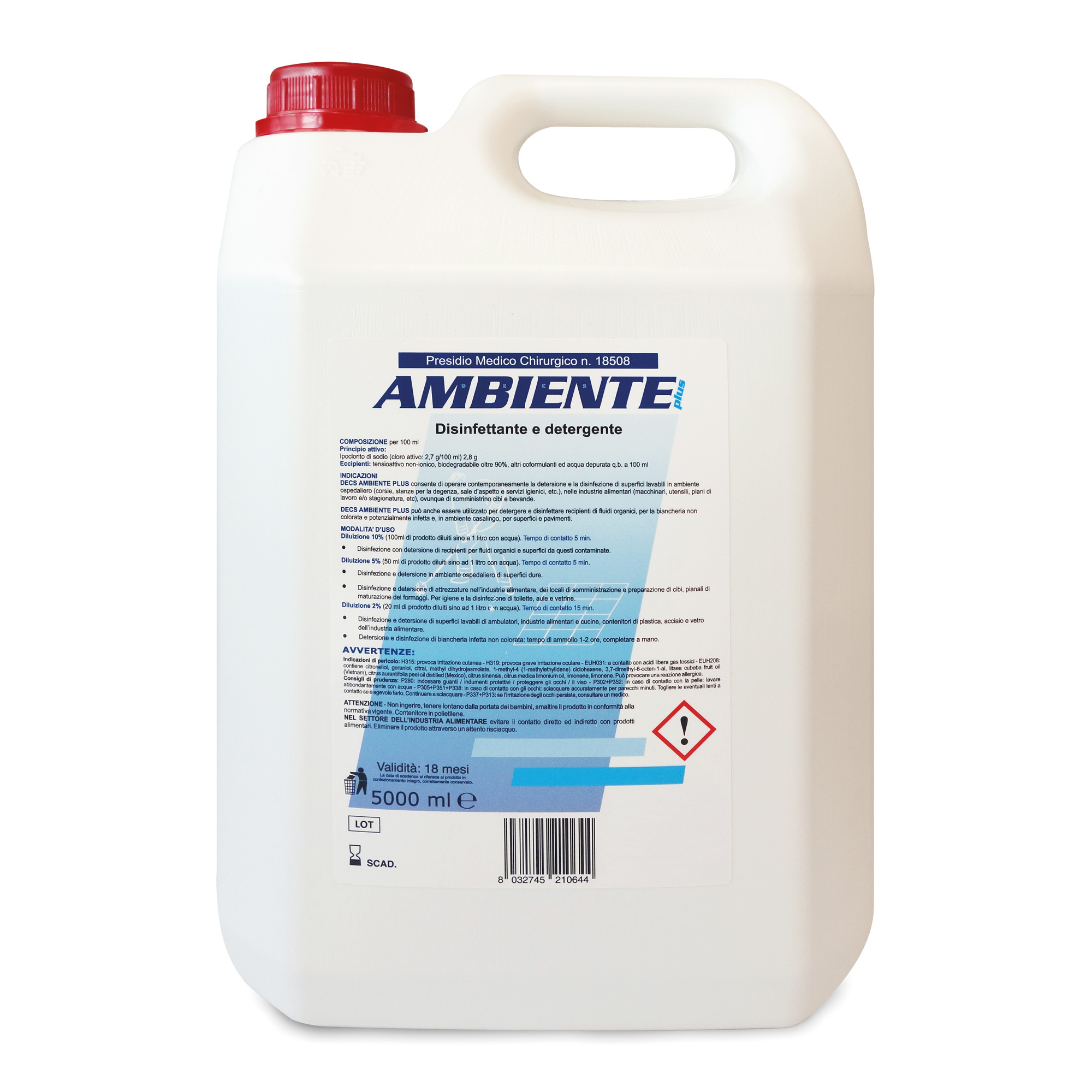 Disinfettante con sodio ipoclorito per pavimenti, superfici, attrezzature  Decs Ambiente Plus 5l