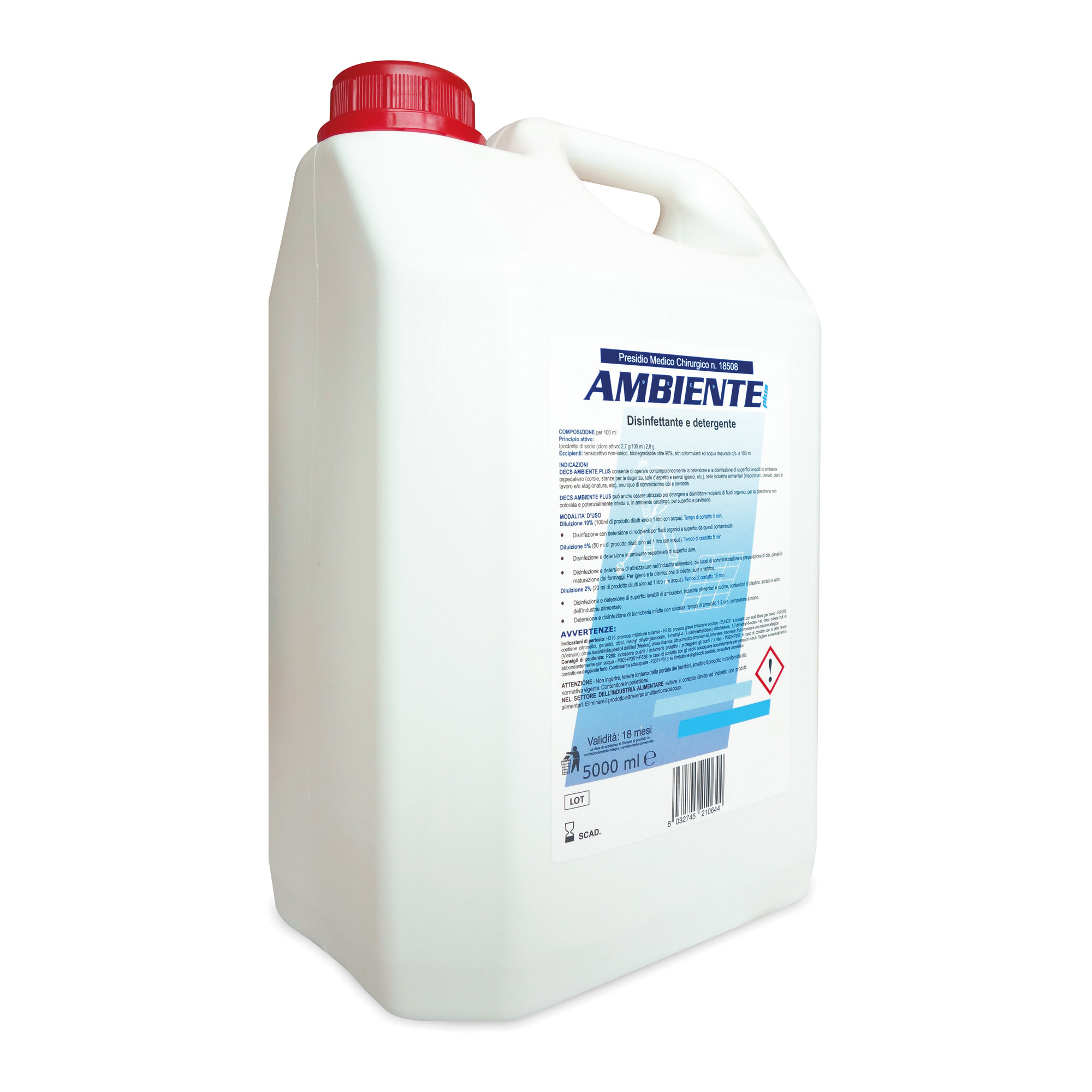 Sodium hypochlorite-based disinfectant for floors, washable surfaces and equipment Decs Ambiente Plus 5 l