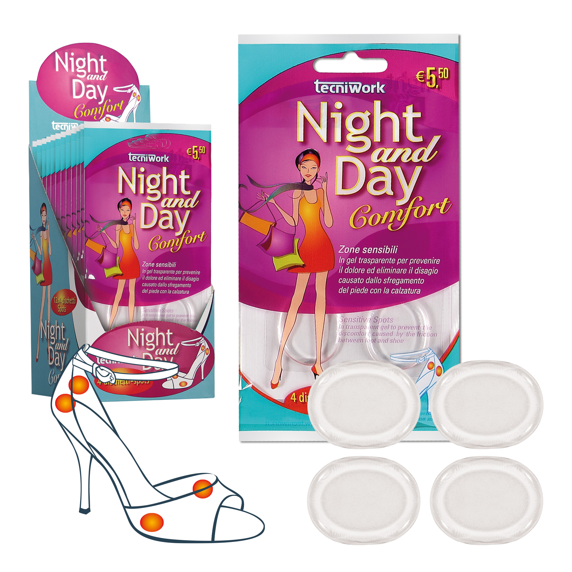 Invisible protection for sensitive areas of the foot Night and Day 12-pack dispenser