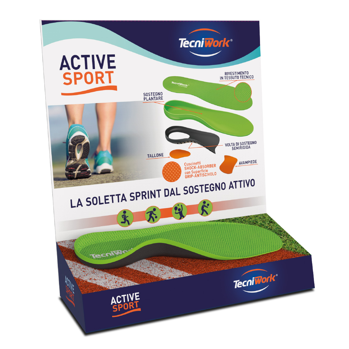 Tecniwork Touch-me display with Active Sport insole for exhibition