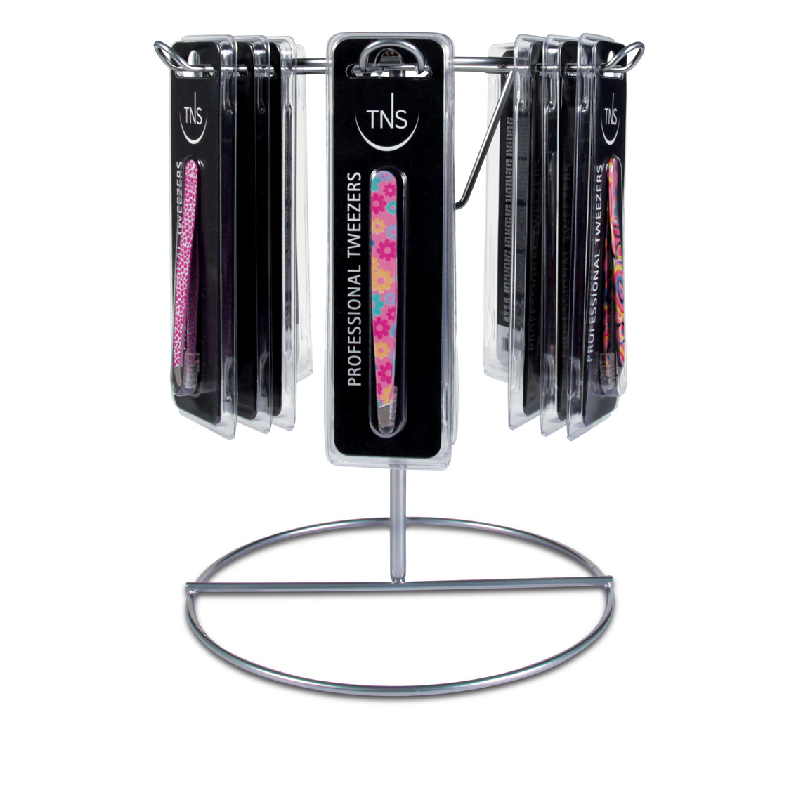 Pink Power professional eyebrow tweezers 18-piece swivel display