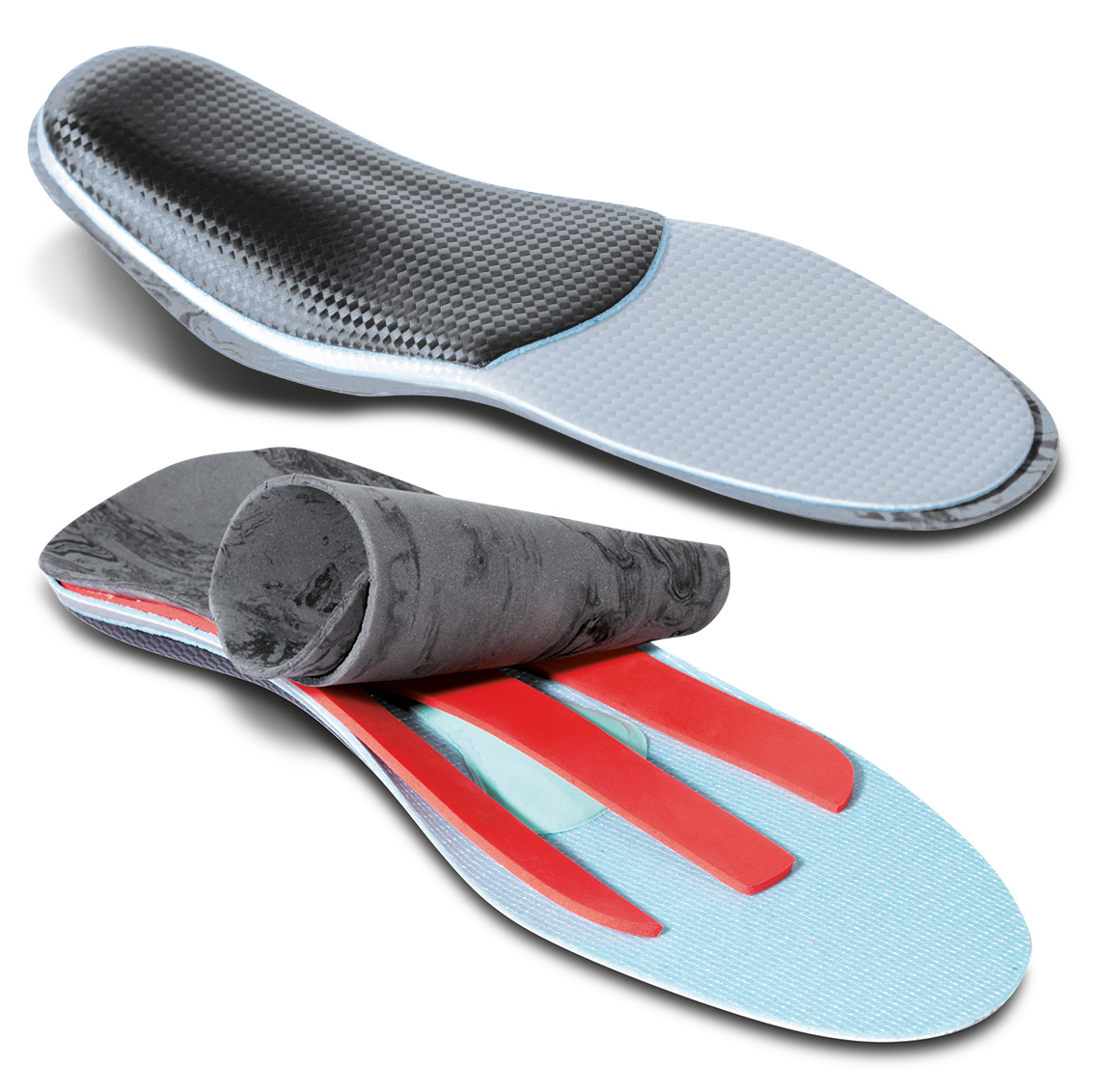 Semi-finished resin thermoformed insoles for foot arch to be sealed