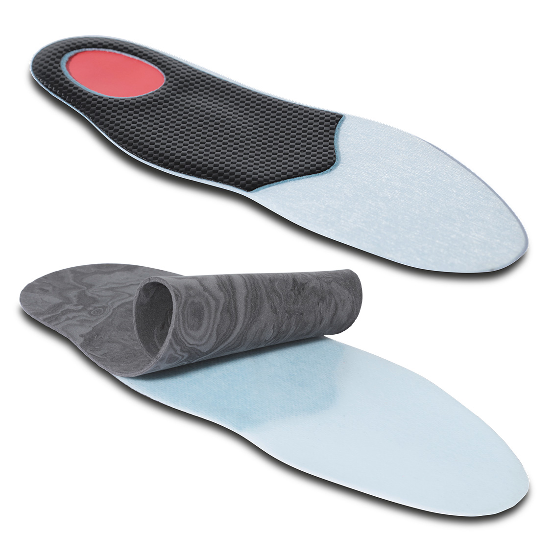 Semi-finished heel shock absorbing resin insoles for thermosealing and thermoforming