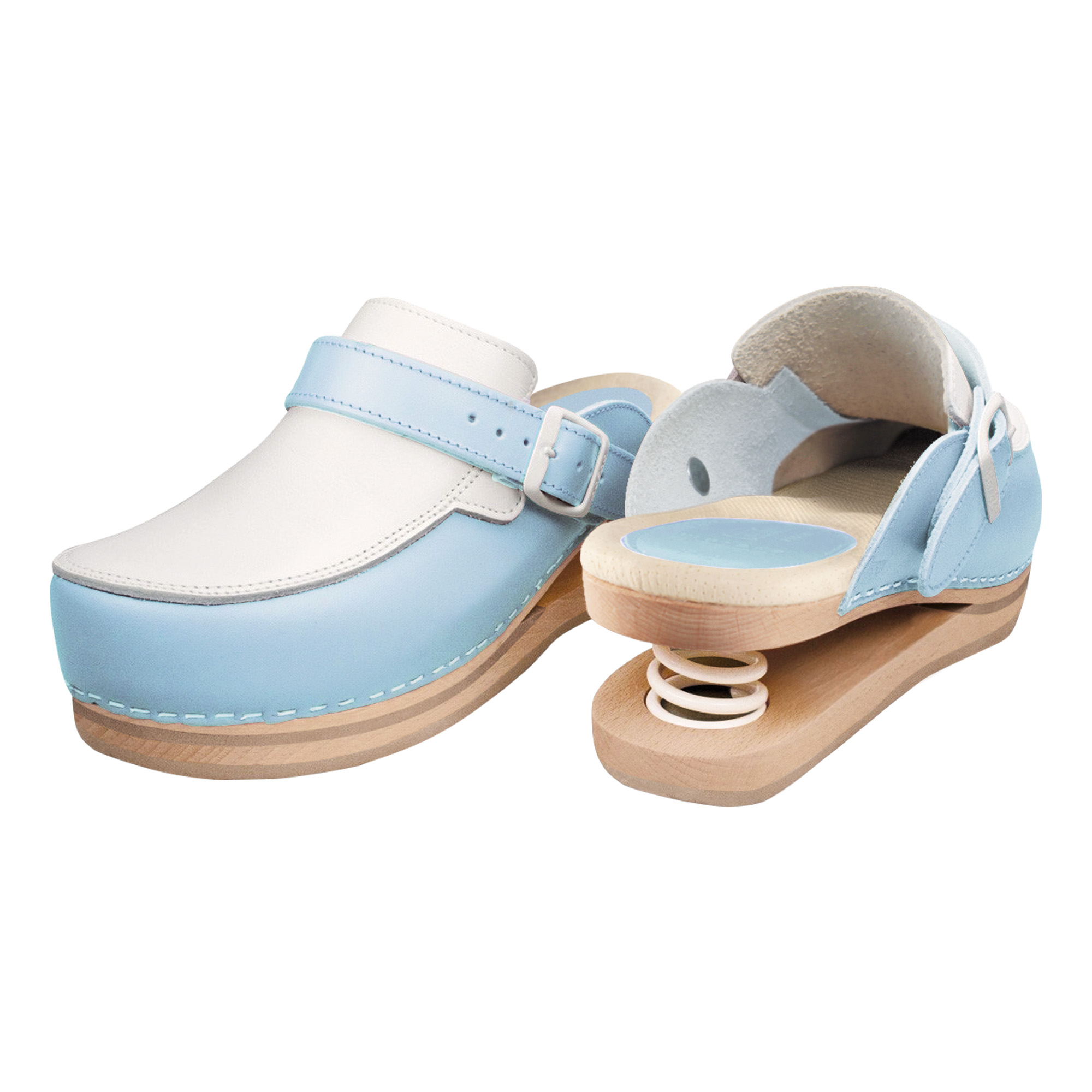 Relax Holzschuhe mit Feder geschlossen hellblau