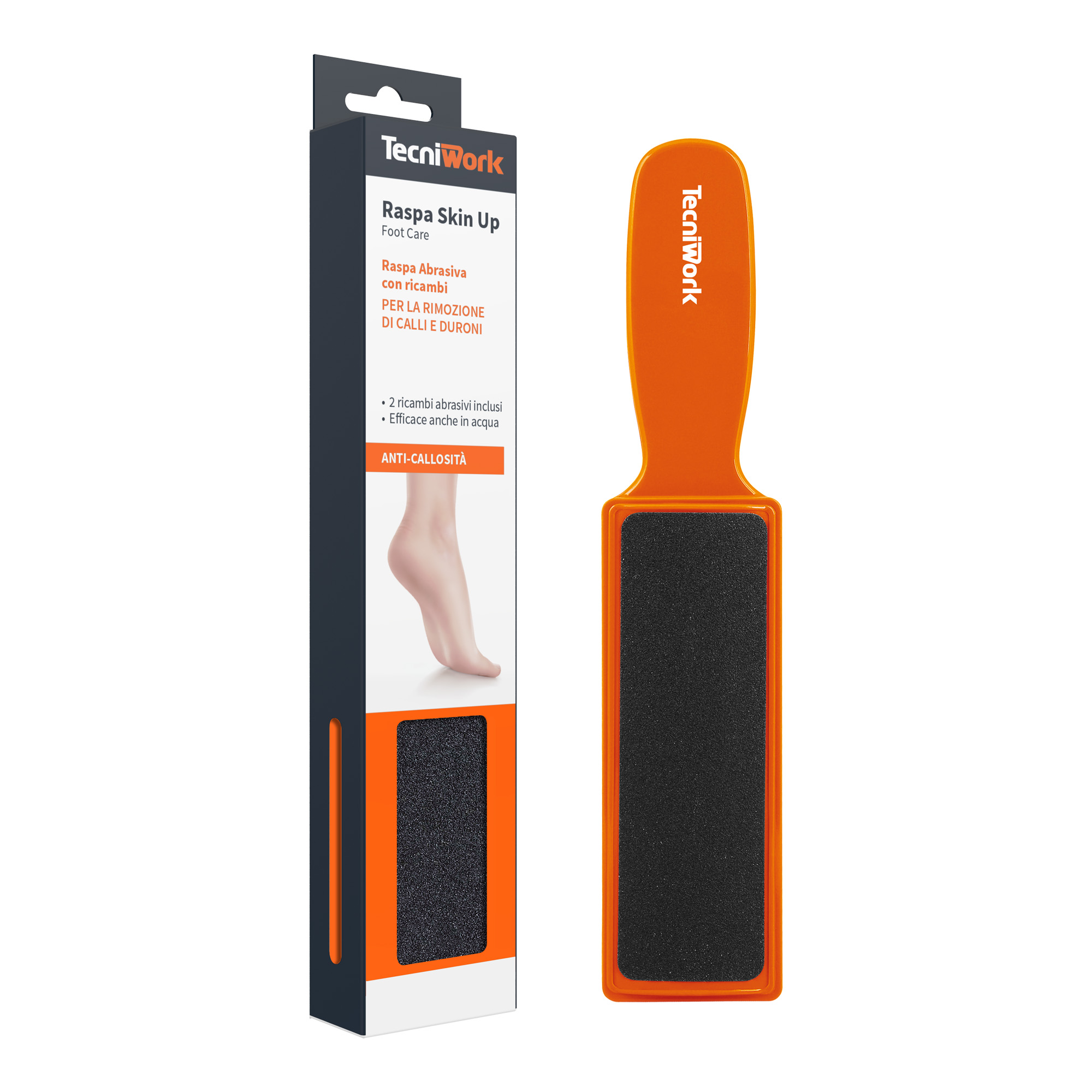 Skin Up foot file with 2 spare abrasive refills orange