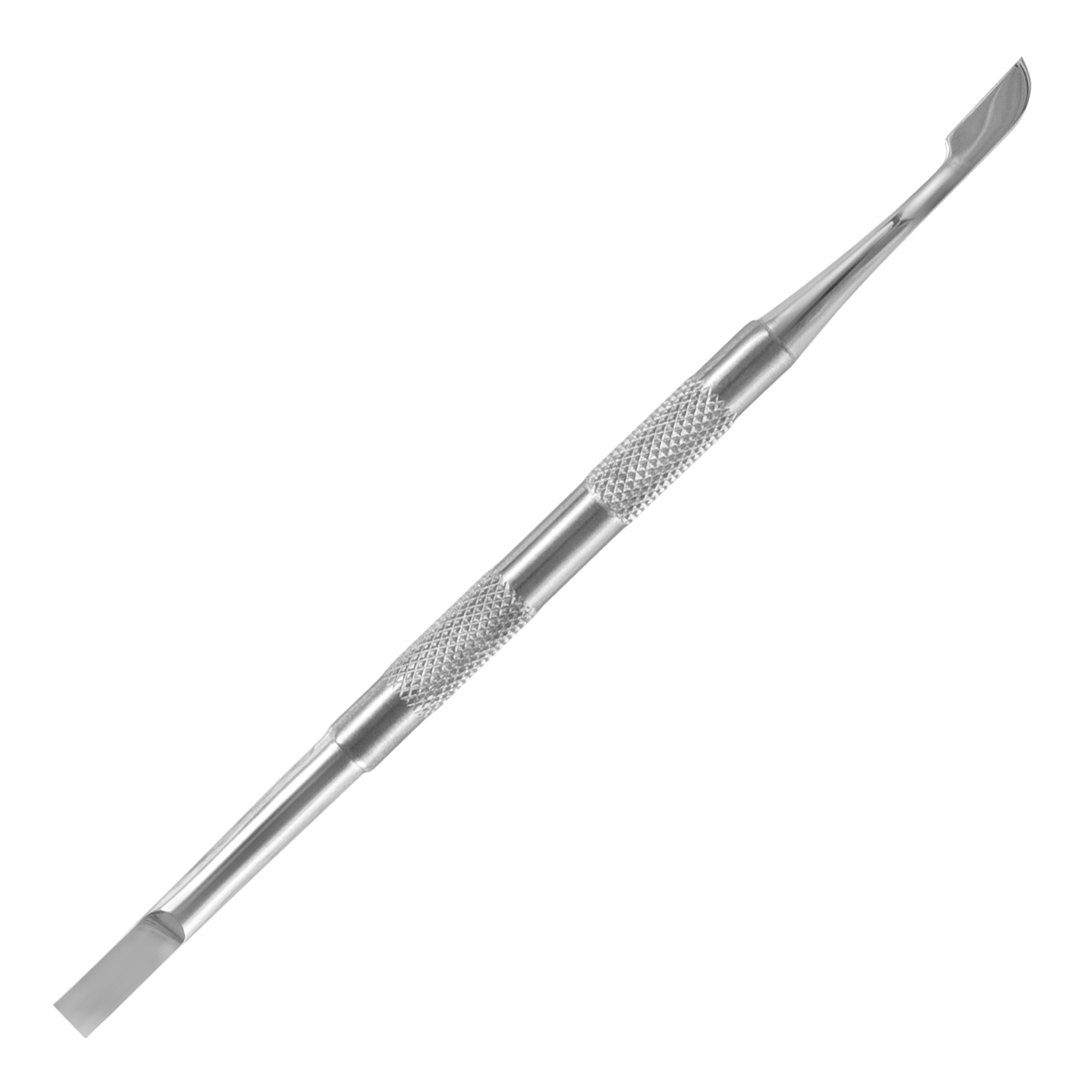 Professional stainless steel cuticle pusher with double flat, rectangular and lance-shaped tip