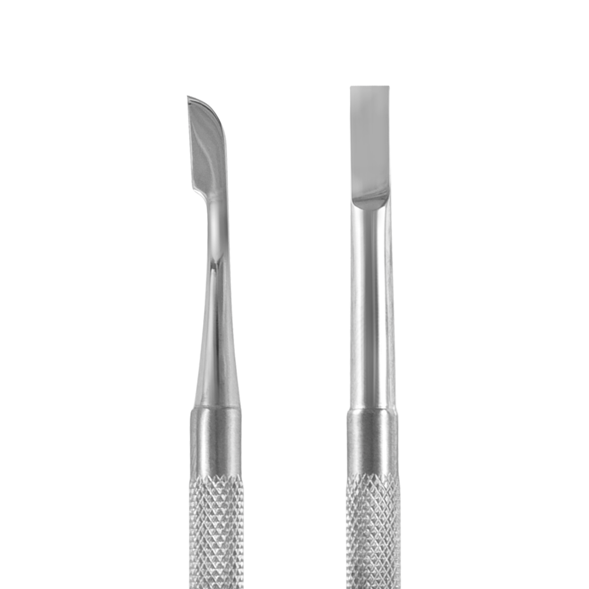 Professional stainless steel cuticle pusher with double flat, rectangular and lance-shaped tip