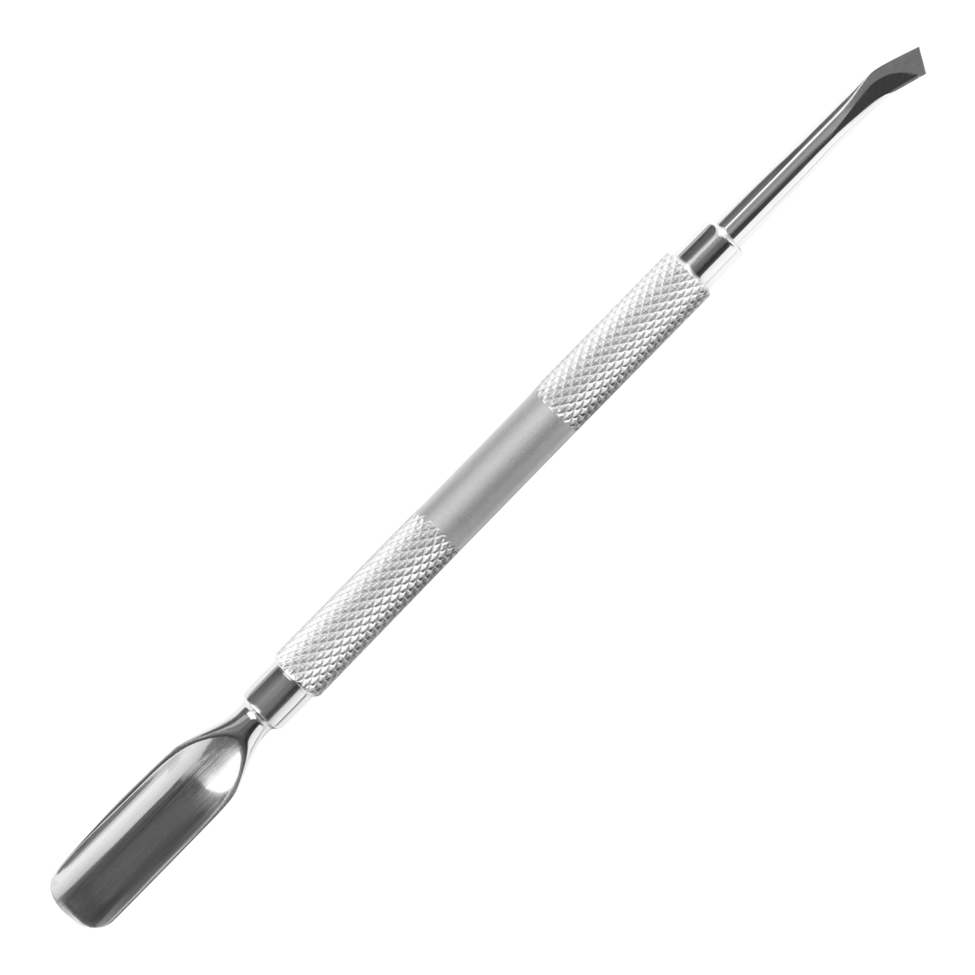 Professional stainless steel cuticle pusher with double concave and hooked-angled tip