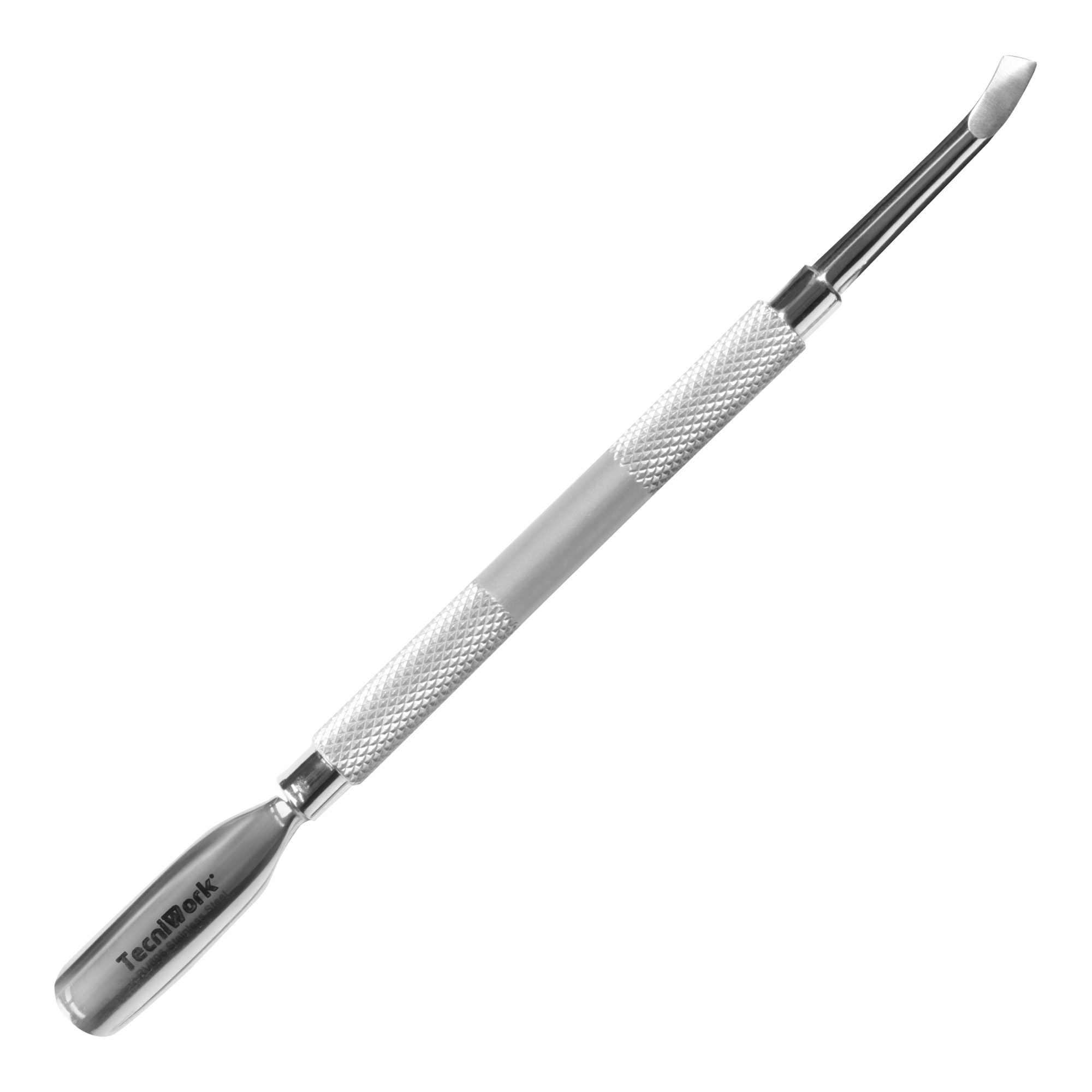 Professional stainless steel cuticle pusher with double concave and hooked-angled tip