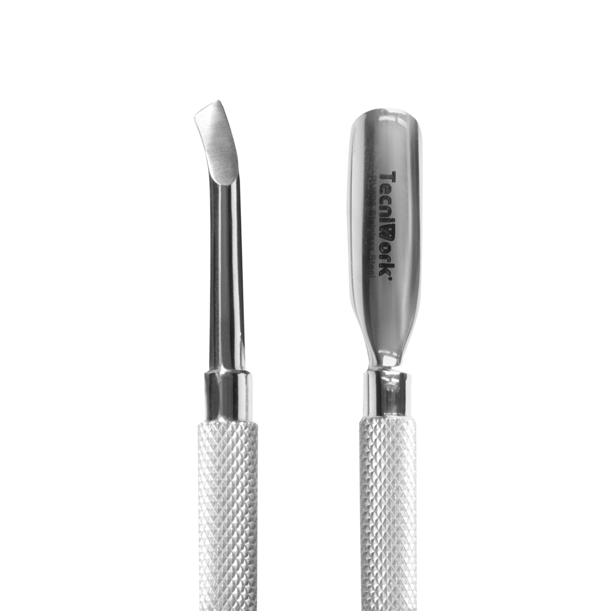 Professional stainless steel cuticle pusher with double concave and hooked-angled tip