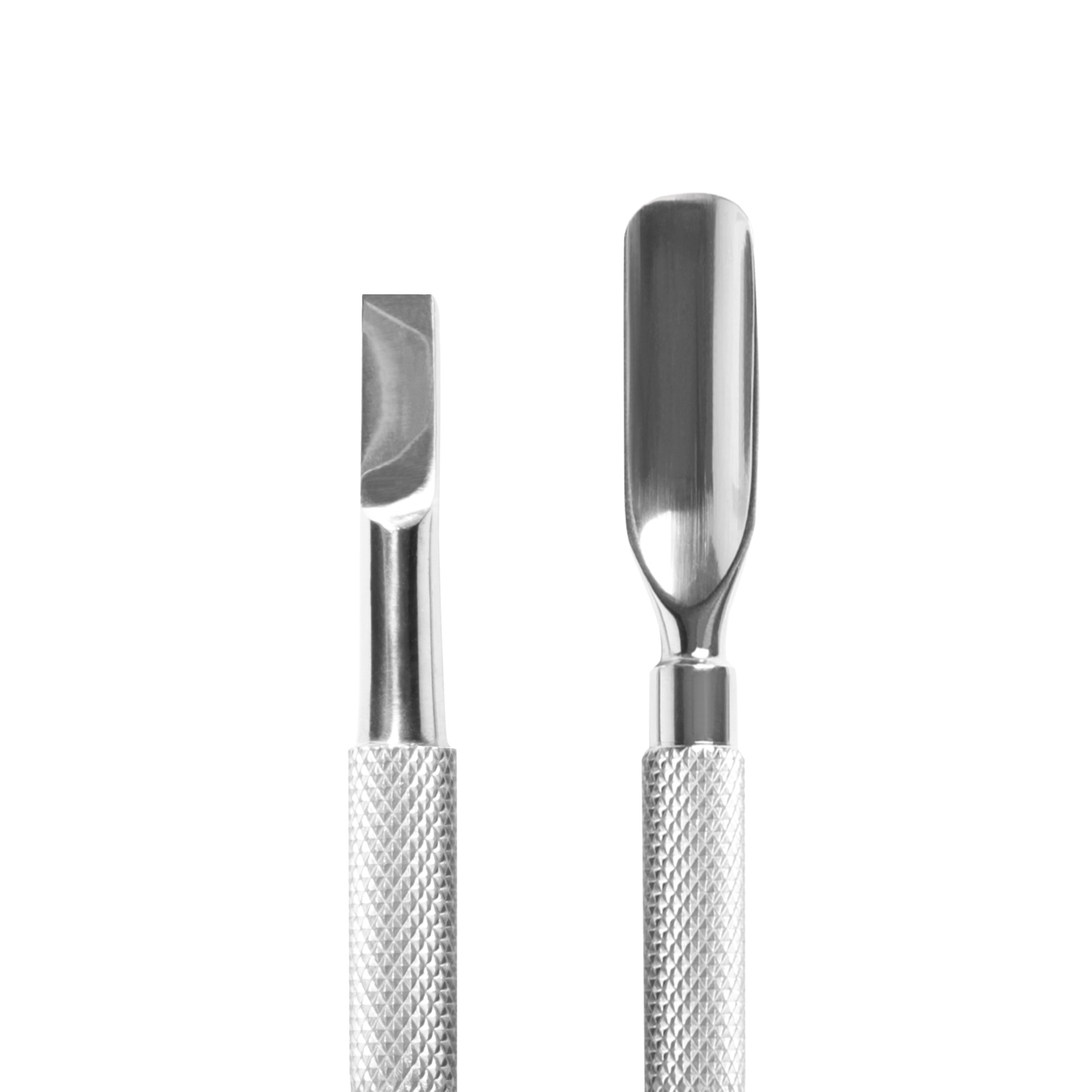 Professional stainless steel cuticle pusher with double concave and flat-rectangular tip