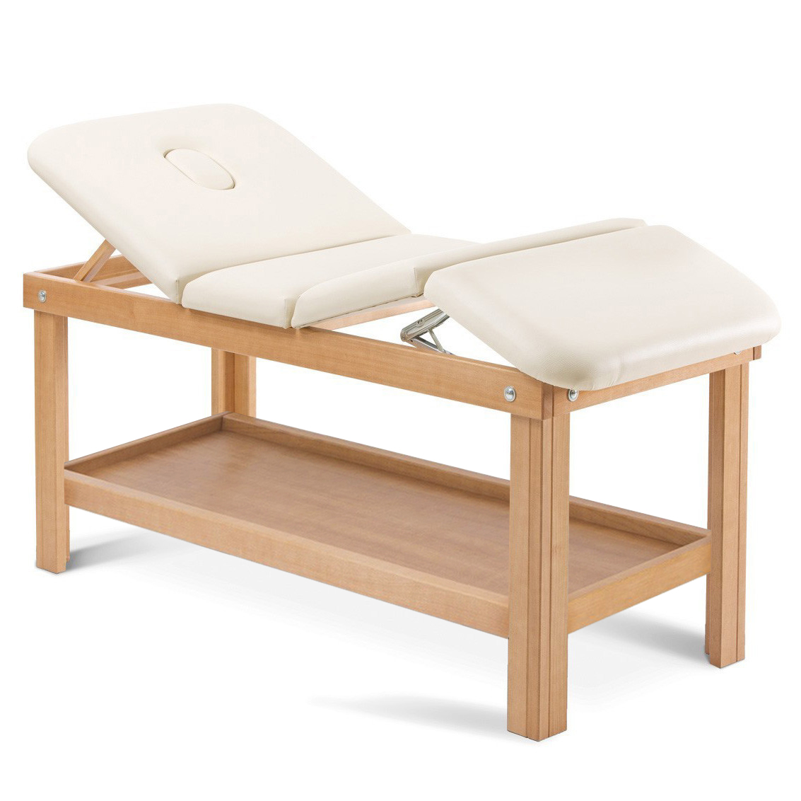 Wooden beauty treatment couch with 2 joints, face hole and table top