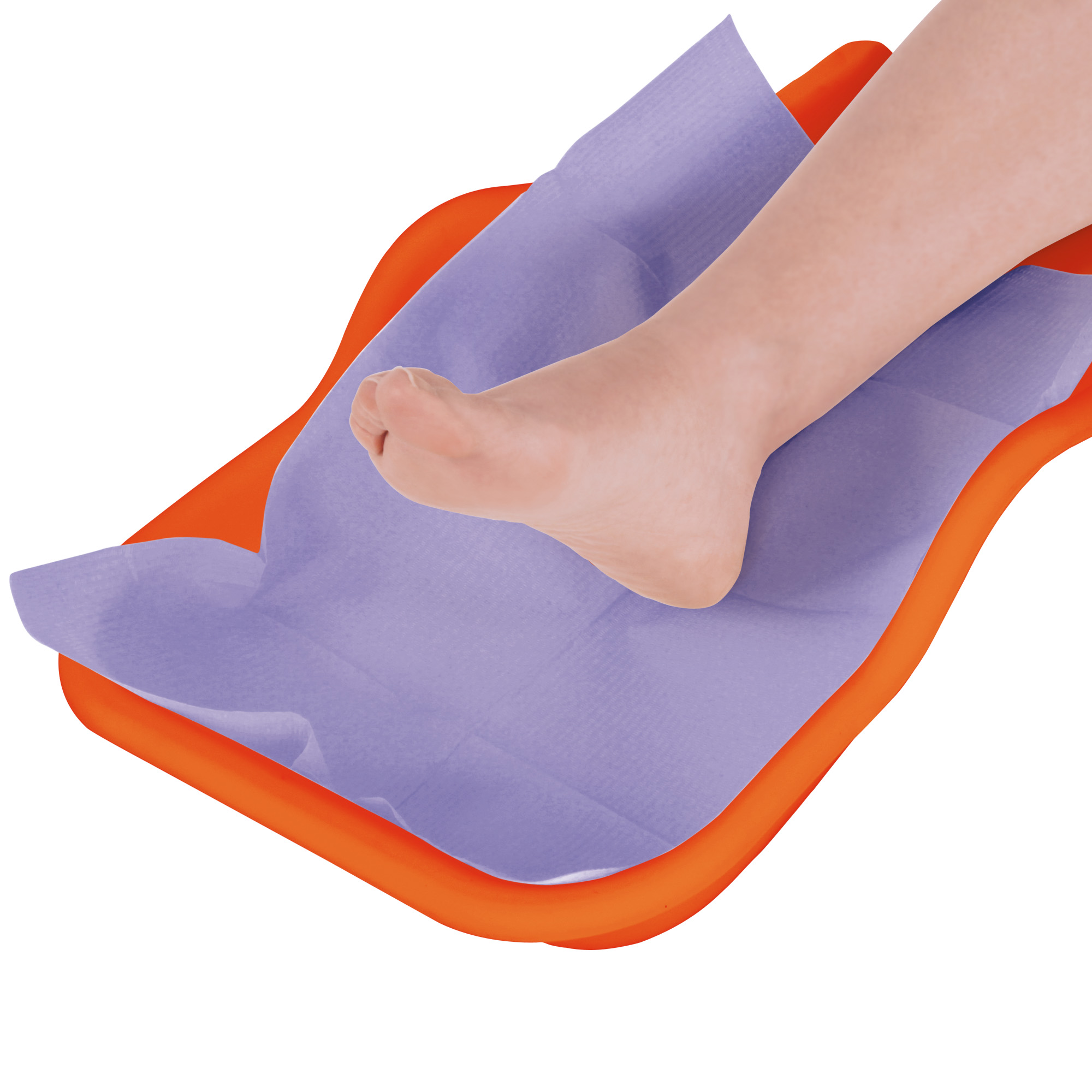 Flexible tray for the collection of pedicure residues on the foot orange