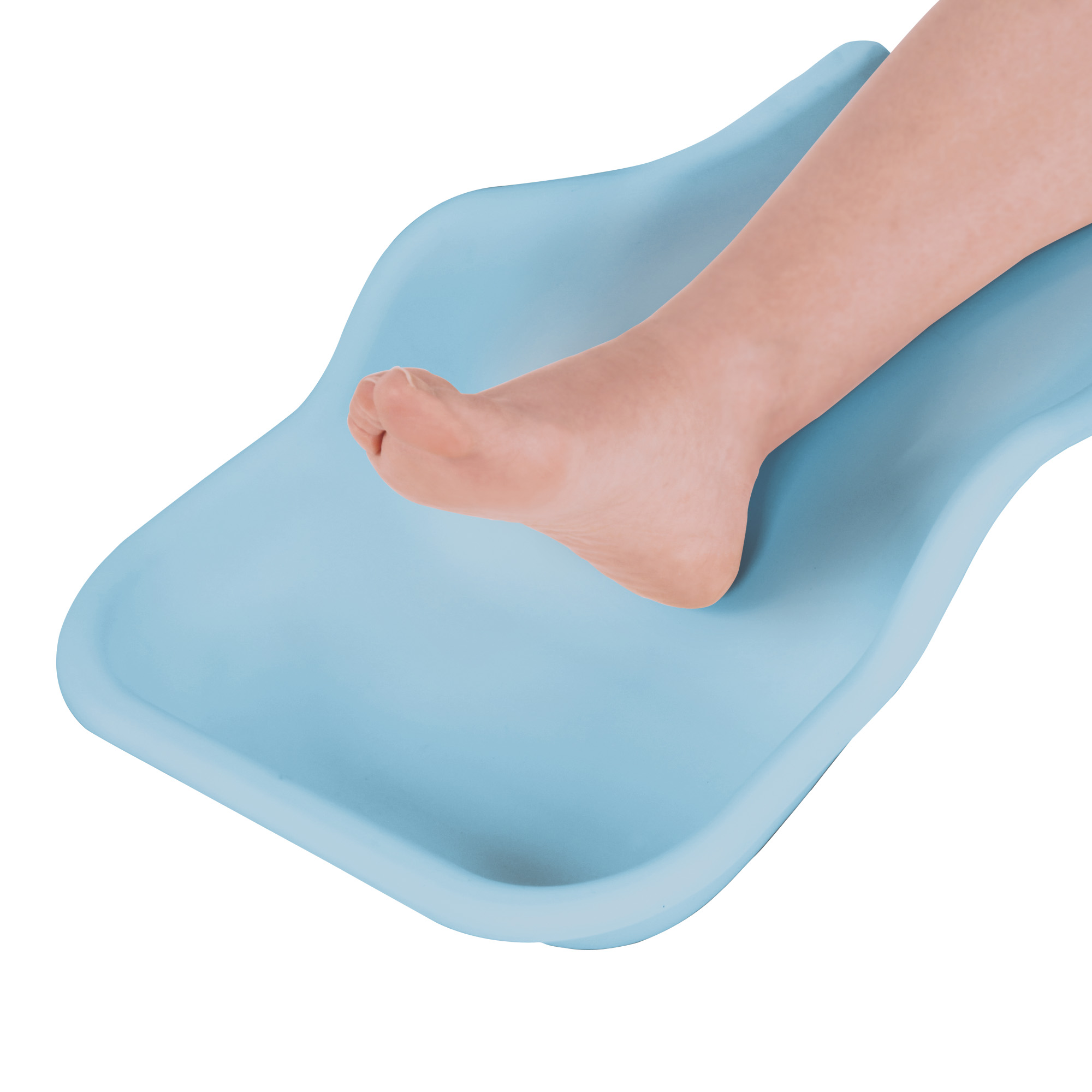 Flexible tray for the collection of pedicure residues on the foot light blue