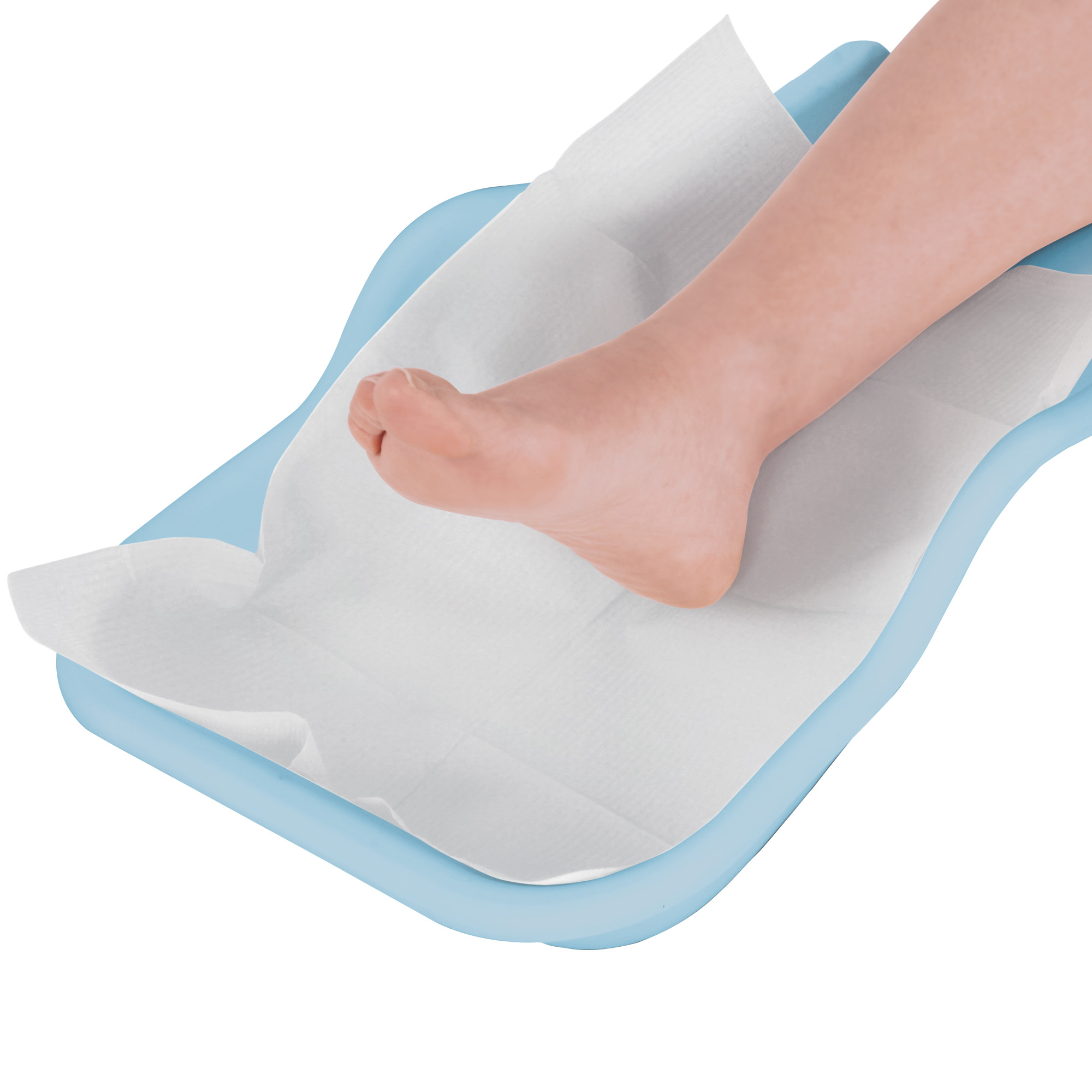 Flexible tray for the collection of pedicure residues on the foot light blue